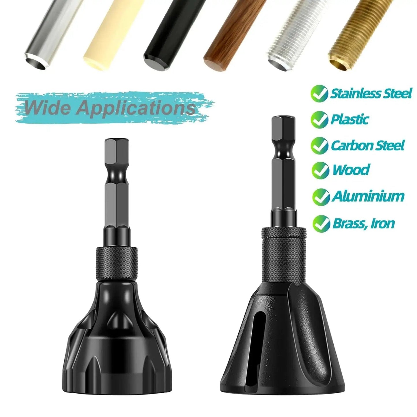 Pro Grade Tungsten Carbide Chamfer Set 2-Pack for External Burr Removal with Hex Shank and material application examples.