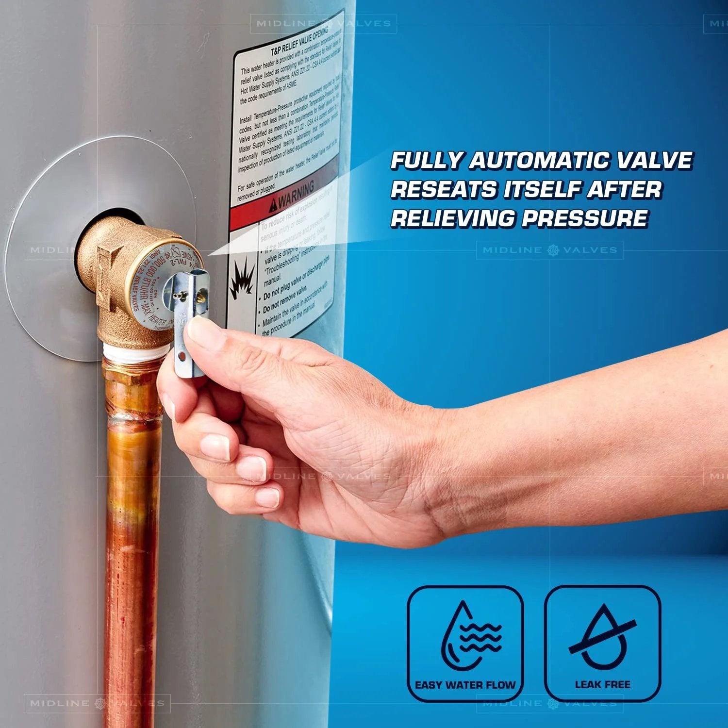 Image of heavy-duty forged brass pressure relief valve for tankless water heater, attached to a pipe, showing automatic resealing feature.