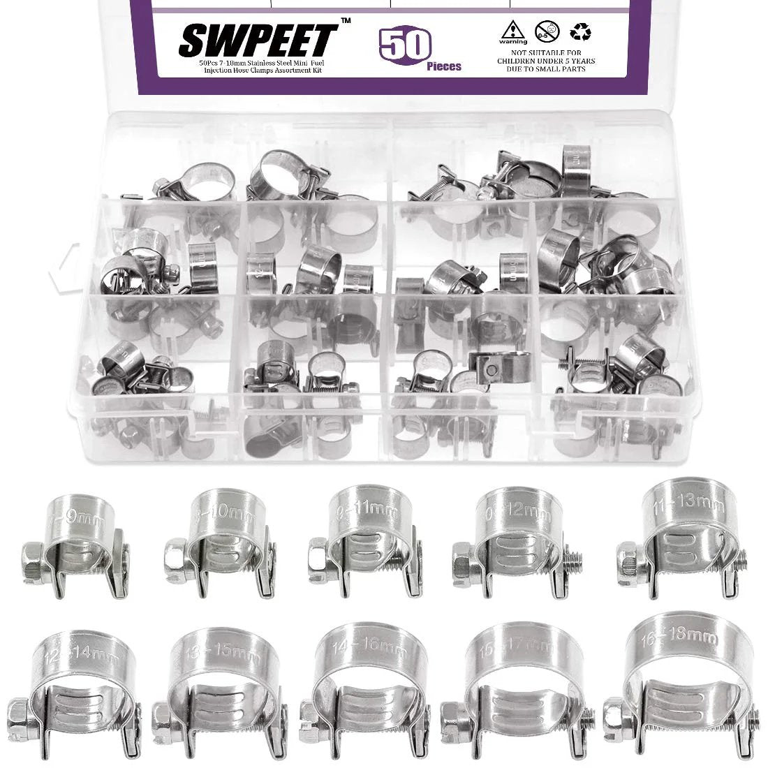 50 Pcs 10 Sizes 304 Stainless Steel Mini Fuel Injection Hose Clamp Kit For Cars Farm Gear Plant Construction Easy To Use Reusable Screw Driven Design That Fits Most Hoses