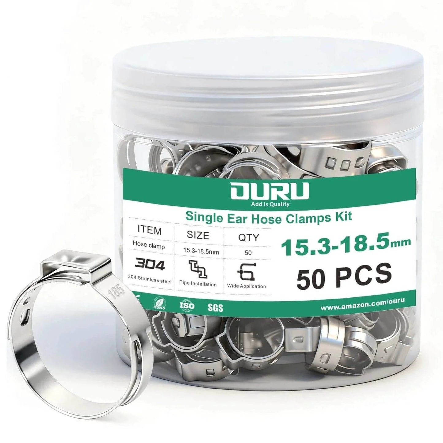 50 Pieces Single Ear Hose Clamps 15.3 To 18.5 Mm 304 Stainless Steel Stepless Adjustable Cinch Clamps For Automotive Plumbing Pipe With Portable Bottle Storage Pack