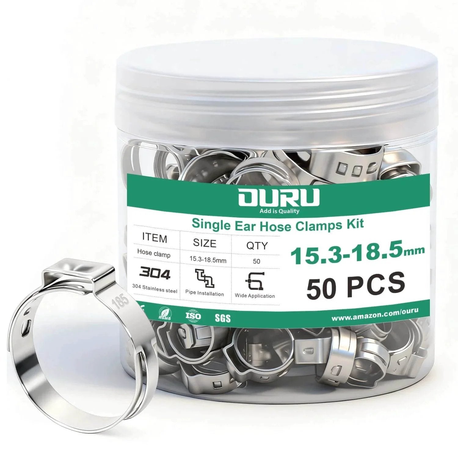 50 Pieces Single Ear Hose Clamps 15.3 To 18.5 Mm 304 Stainless Steel Stepless Adjustable Cinch Clamps For Automotive Plumbing Pipe With Portable Bottle Storage Pack