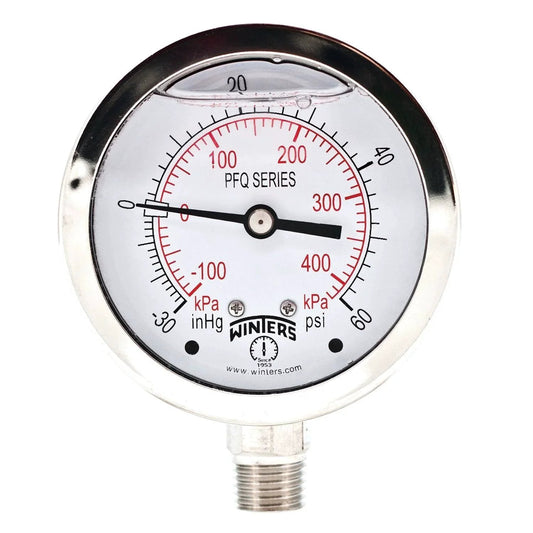 Industrial Heavy Duty Liquid Filled Pressure Gauge With Stainless Steel Case And Internals, Two And A Half Inch Dial, Dual Scale From Zero To Sixty Psi And Kilopascals For Pressure And Vacuum, Bottom Mount One Quarter Inch NPT Winters.