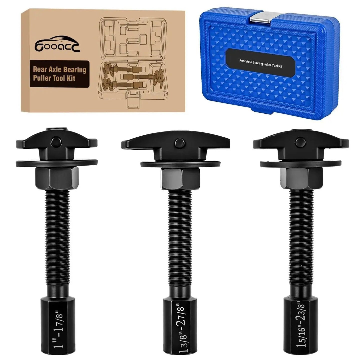 Rear Axle Bearing Puller Set With Three Sizes 1 Inch To 1-7/8 Inch, 1-5/16 Inch To 2-3/8 Inch, And 1-3/8 Inch To 2-7/8 Inch displayed with box