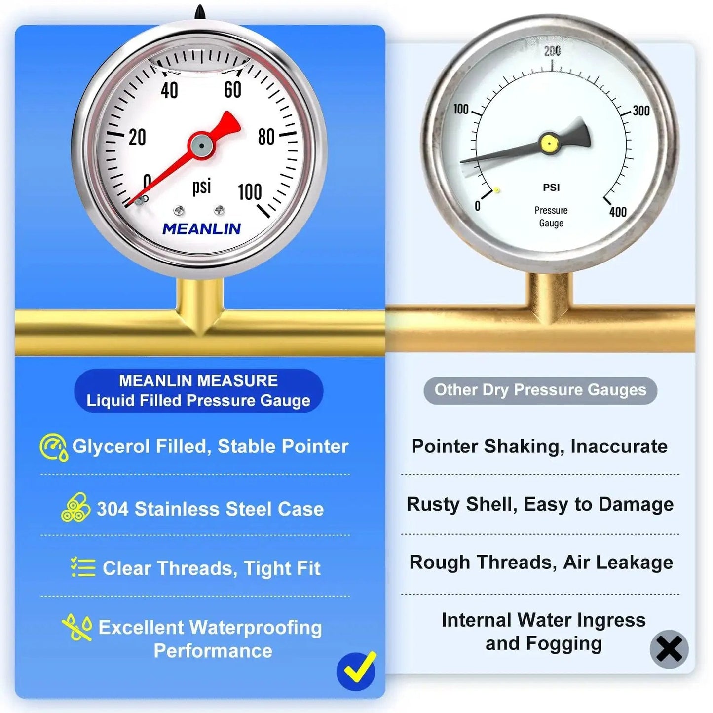 Comparison of glycerol-filled stainless steel pressure gauge 0-100 psi with standard gauge, highlighting waterproofing and stability