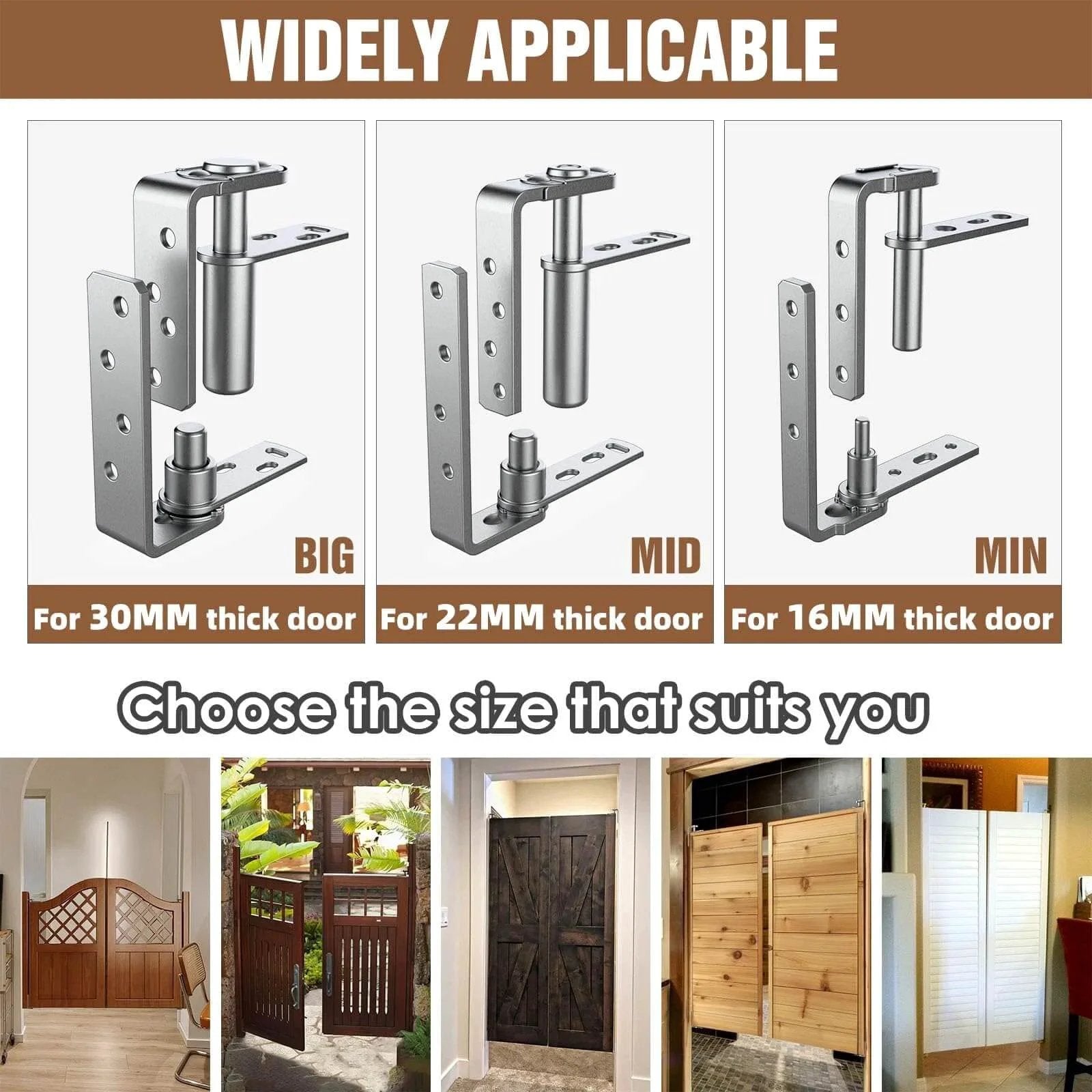 Stainless Steel Cafe Door Hinges With Self Closing And Two Way Swing For Louvre Doors And Saloon Doors Adjustable Opening Angle Notch Hold Open Function 304 Stainless Bearing Rustproof Construction For Indoor Or Exterior Use, available in big, mid, and min sizes for various door thicknesses.