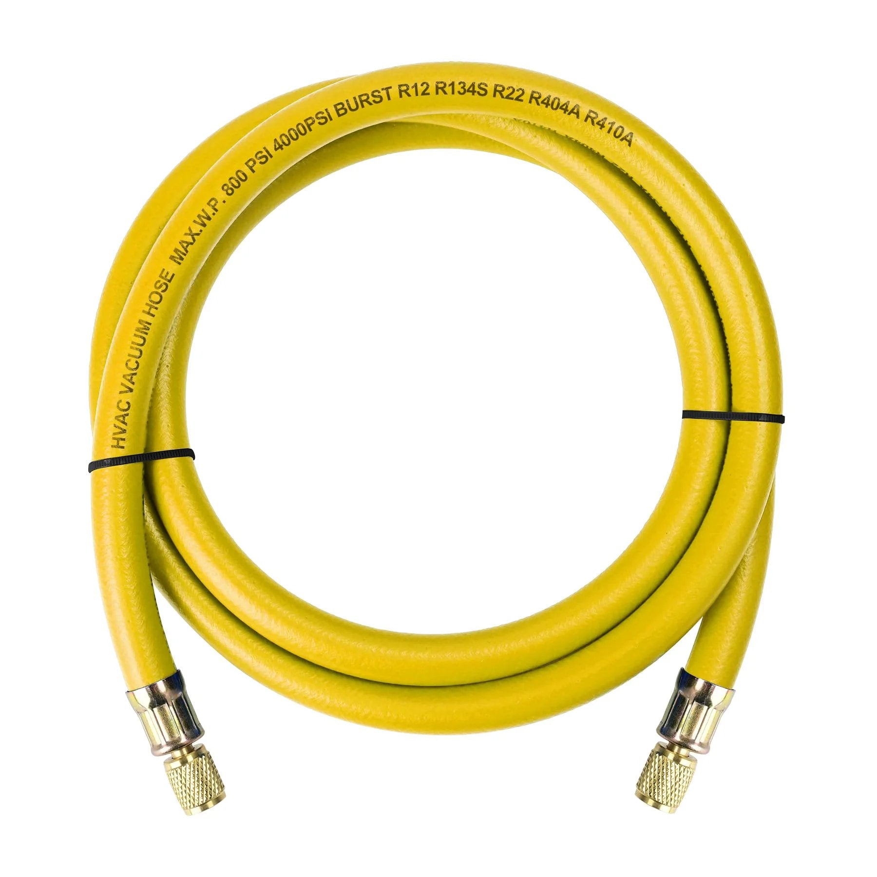 Upgrade Three Eighths Inch Refrigerant Hose With One Quarter Inch Flare Fittings Vacuum Certified Six Feet Long 800 PSI Working Pressure For R410A And All Common Refrigerants Yellow, front view.