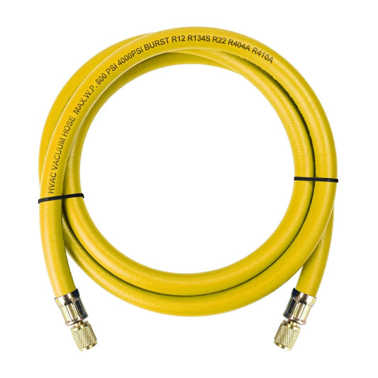 Upgrade Three Eighths Inch Refrigerant Hose With One Quarter Inch Flare Fittings Vacuum Certified Six Feet Long 800 PSI Working Pressure For R410A And All Common Refrigerants Yellow, front view.