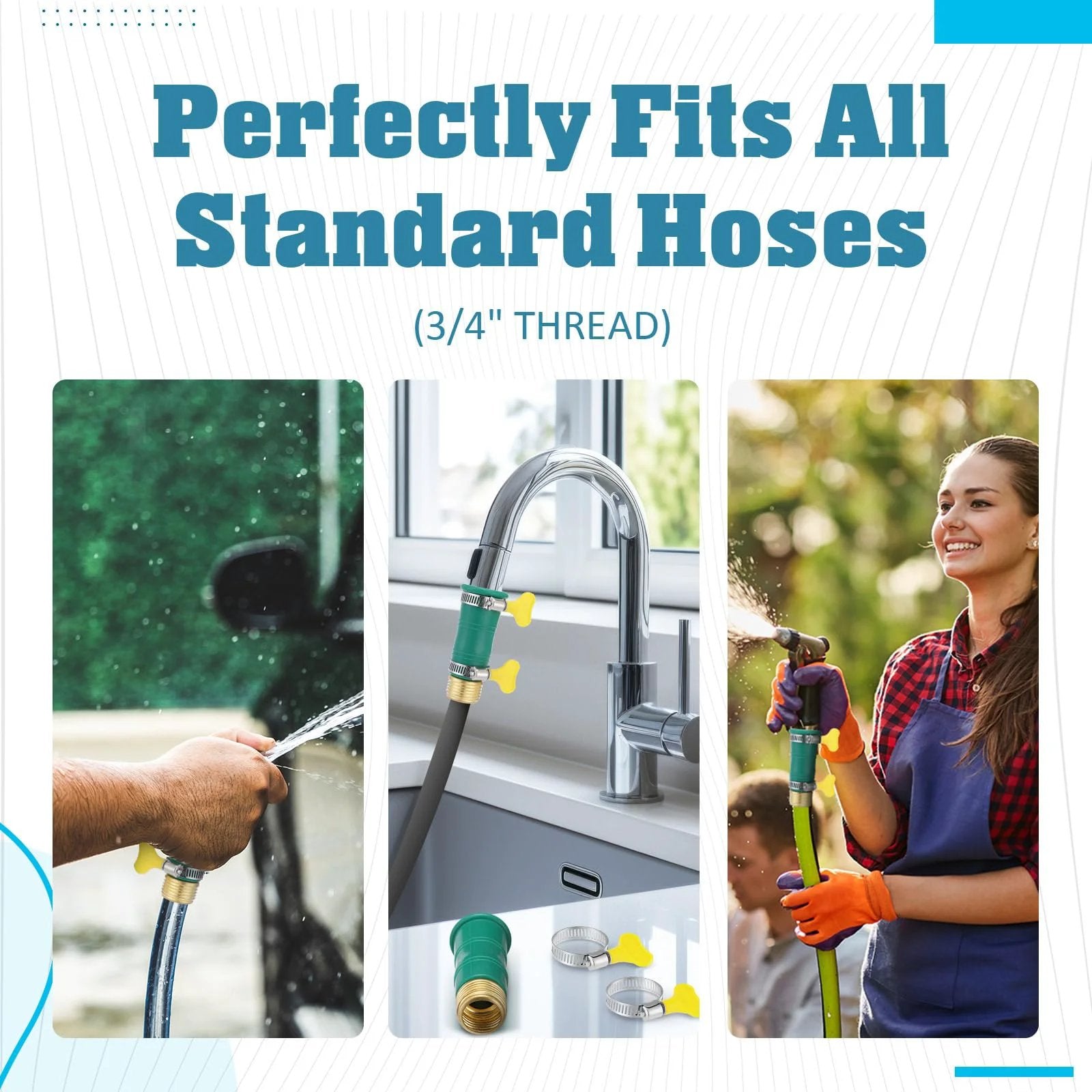 Universal Faucet Water Hose Adapter Kit With Clamps For Three Quarter Inch Thickened RV Sink Hose Attachment Connector For Damaged Or Stripped Faucet Threads Or Threadless Brass Head Adapter Stainless Clips Reinforcement Tape By Innconee displayed on various faucet types and in use by person watering plants.