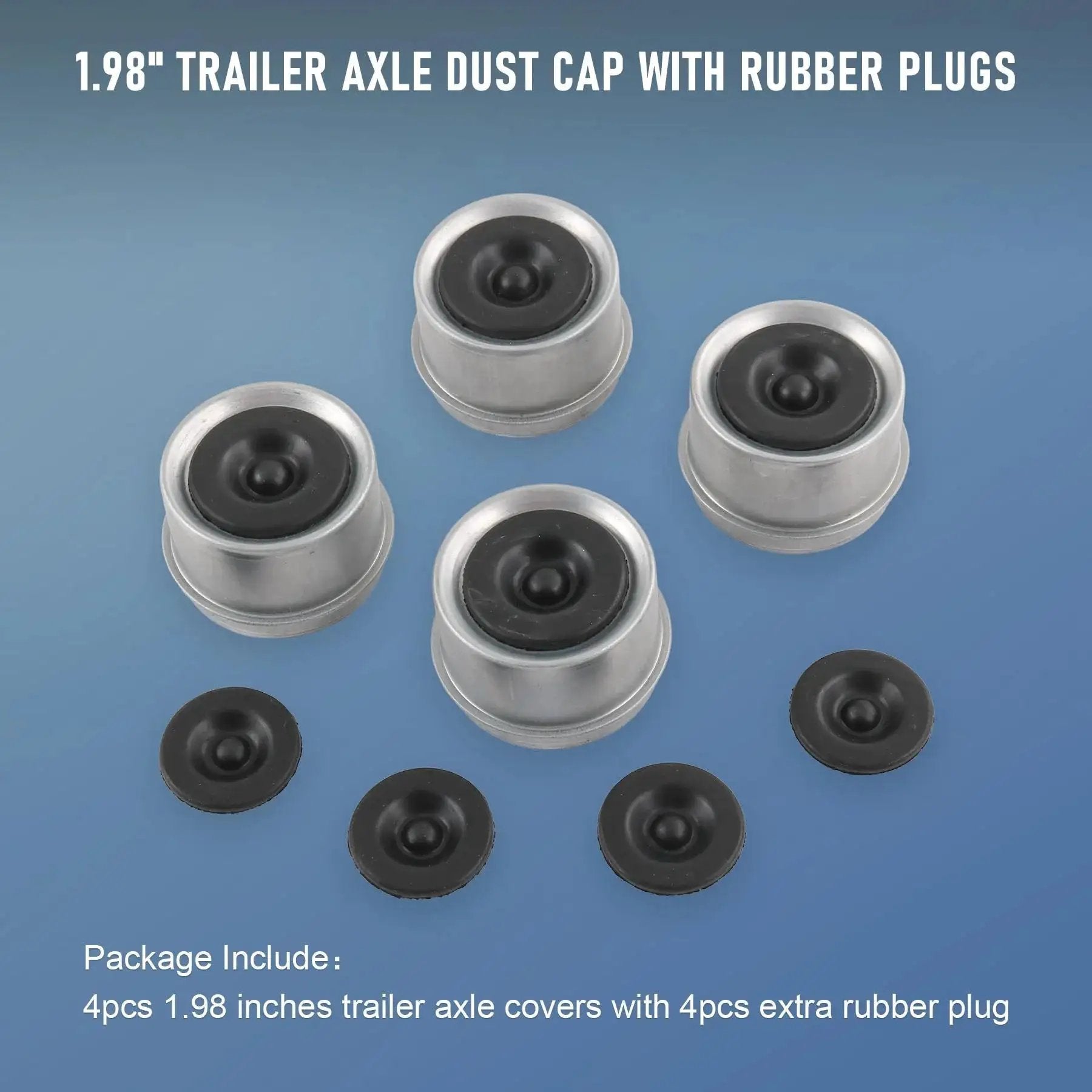 4 Pack 1.98 Inch Trailer Axle Dust Cap Hub Grease Cover Kit With Extra Rubber Plugs For Most 2000 To 3500 Pound Axles displayed with rubber plugs