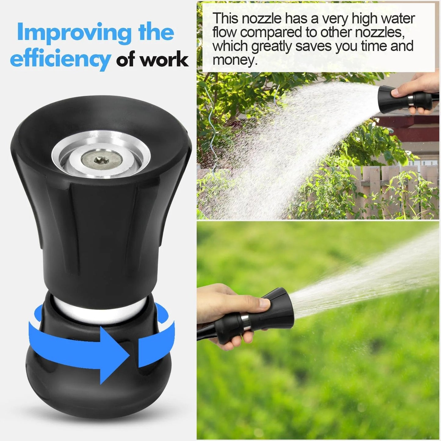 Heavy Duty 50 Foot Black Garden Hose With High Flow Nozzle For Yard And Farm Flexible Rubber Construction That Withstands Minus 50 To 158 Degrees Fahrenheit And Features Three Quarter Inch Stainless Steel Fittings SPECILITE close-up of nozzle and water flow.