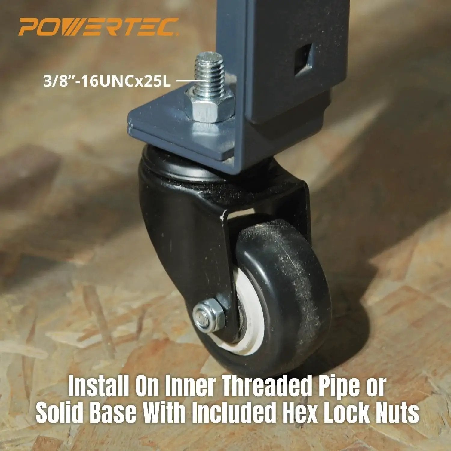 Close-up of a mounted two-inch caster wheel with 360 degree swivel and dual locking brakes for heavy-duty use. Focus keyword: Two Inch Caster Wheels Set Of Four With 360 Degree Swivel And Dual Locking Brakes For Furniture Carts Trolleys And Toolboxes Heavy Duty 350 Lb Capacity PU Quiet Mobility Smooth Non Marring Rollers.