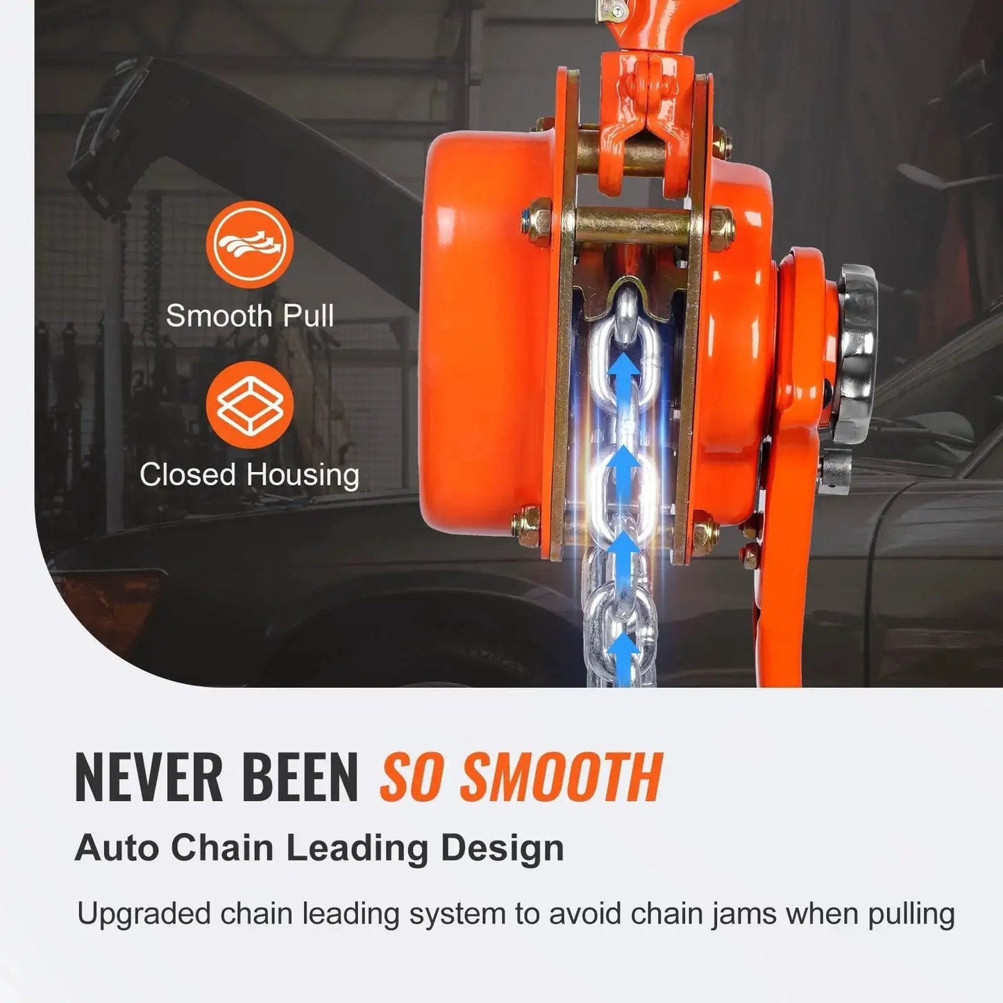 Side view of Manual Lever Chain Hoist 3 Ton 6600 Lb, 20 Ft, G80 Weston Brake 360 Degree Hook showing smooth pull feature.
