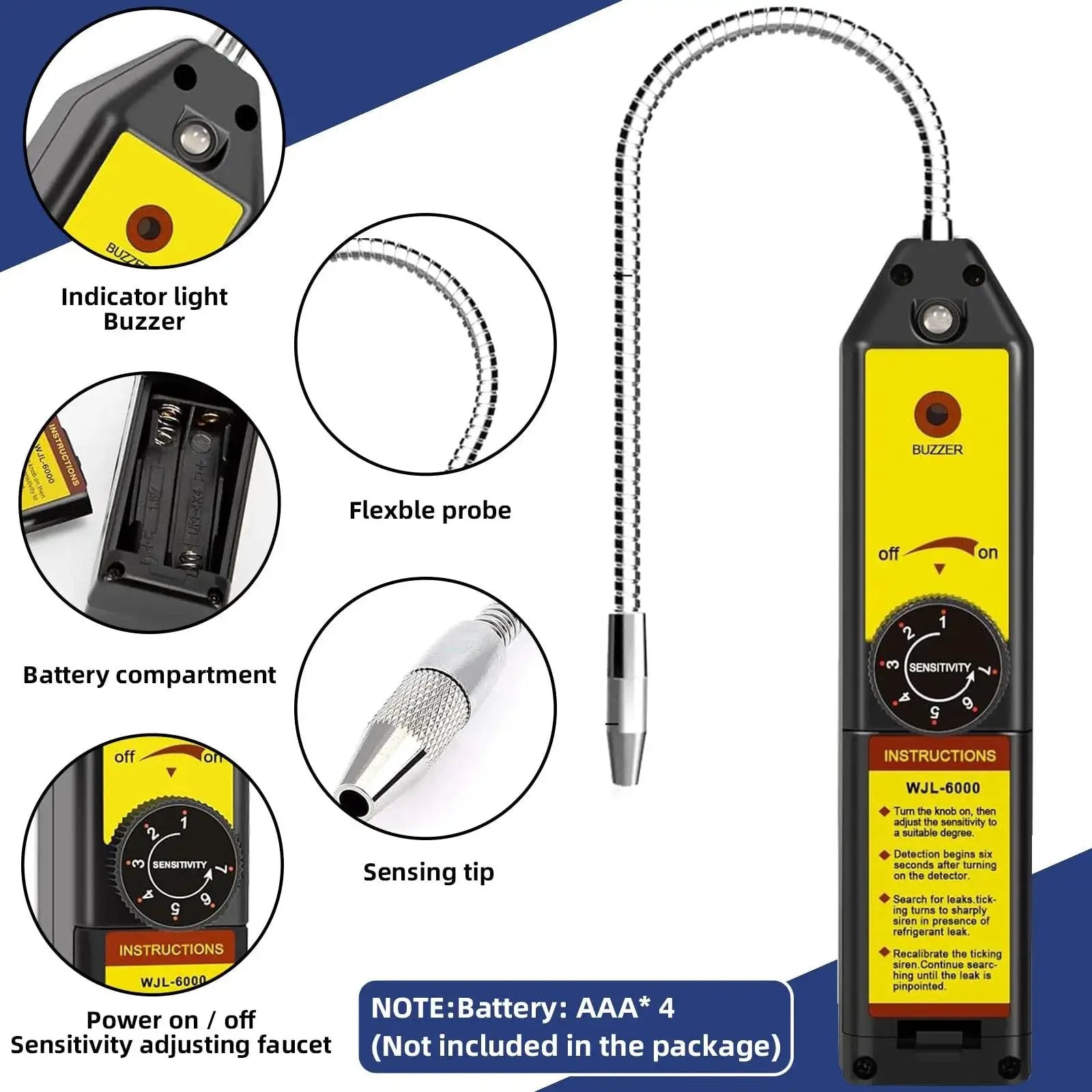 Gas leak detector with flexible probe, sensitivity dial, battery compartment, and indicator light for detecting gas leaks.