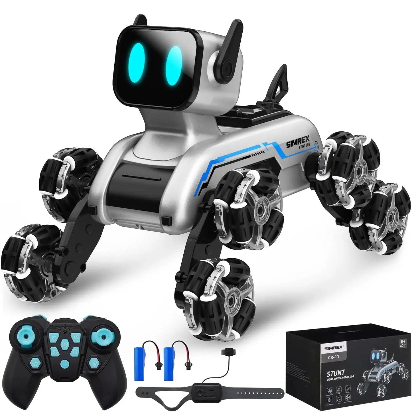 Dynamic Eight Wheel Robot Dog RC Stunt Car With Gesture Sensing Remote Mecanum Wheels for 360 Degree Mobility and RGB LED Eyes