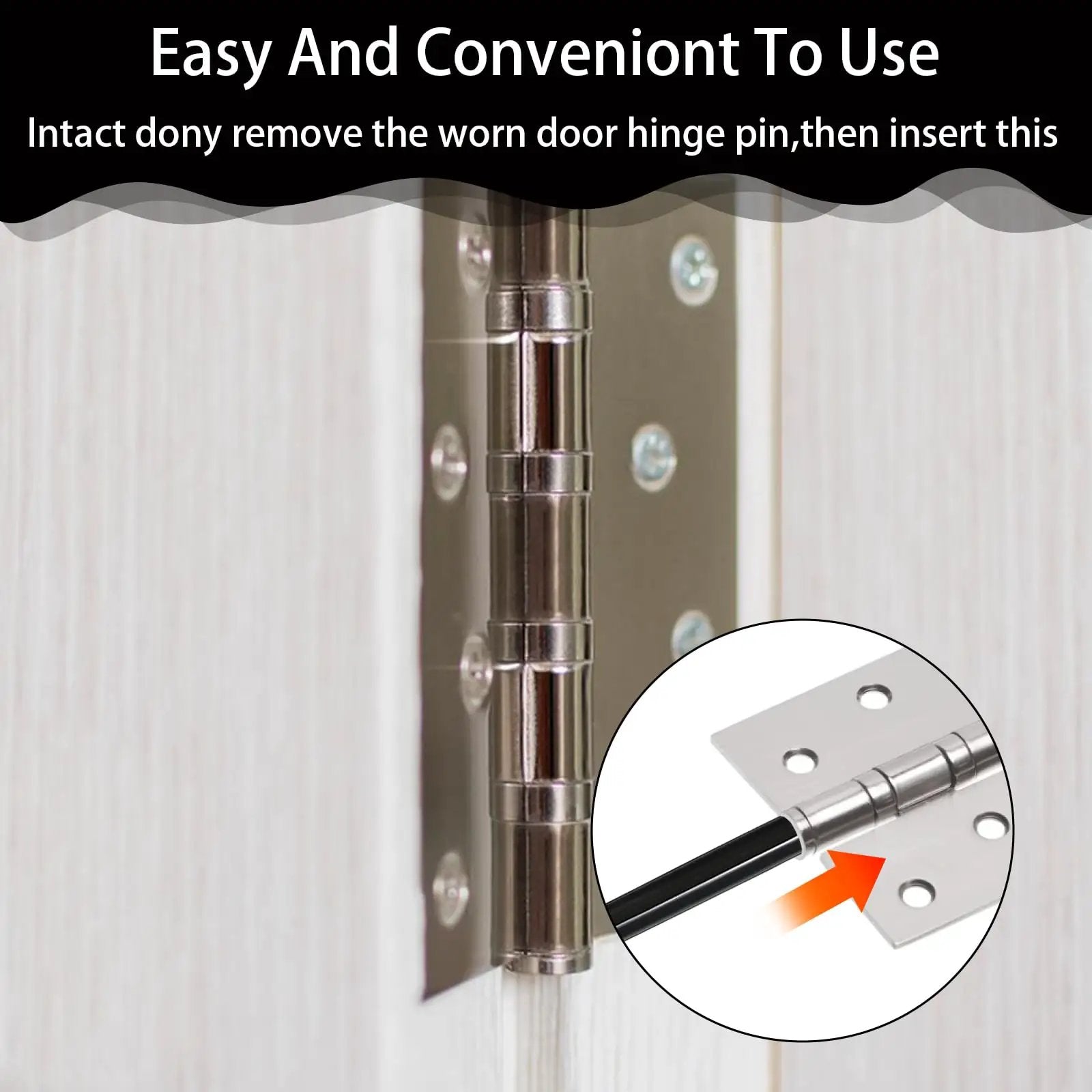 Black Door Hinge Pins 4 Pack 3 Point 5 Inch Replacement Pins For Home Office Kitchen And Interior Doors Slick Quiet Operation Durable And Easy To Install illustration showing pin insertion on hinge.