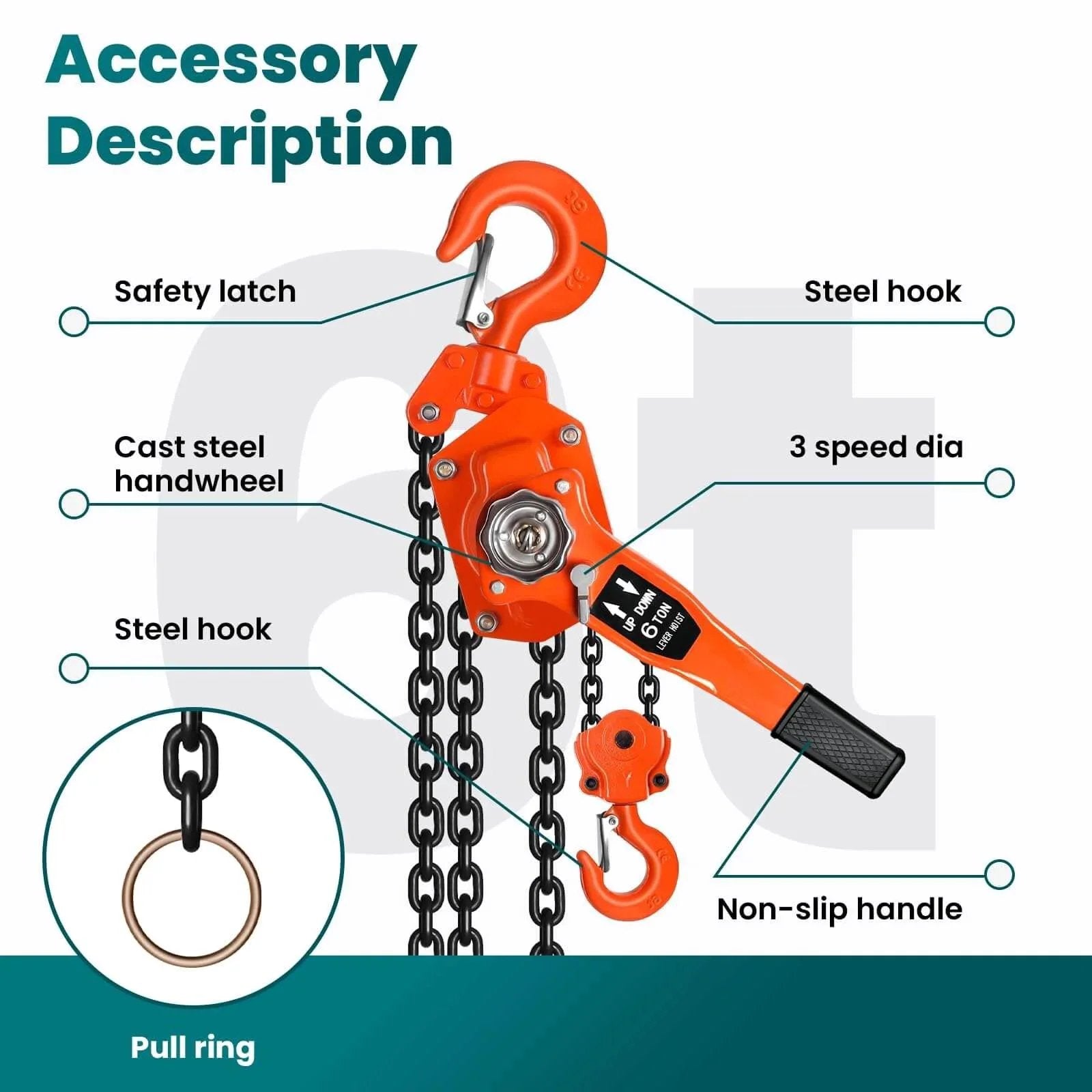 Manual Chain Hoist 6 Ton Come Along 13200 Lbs Capacity 20 Ft Lift Galvanized Carbon Steel With G80 Chain accessory features