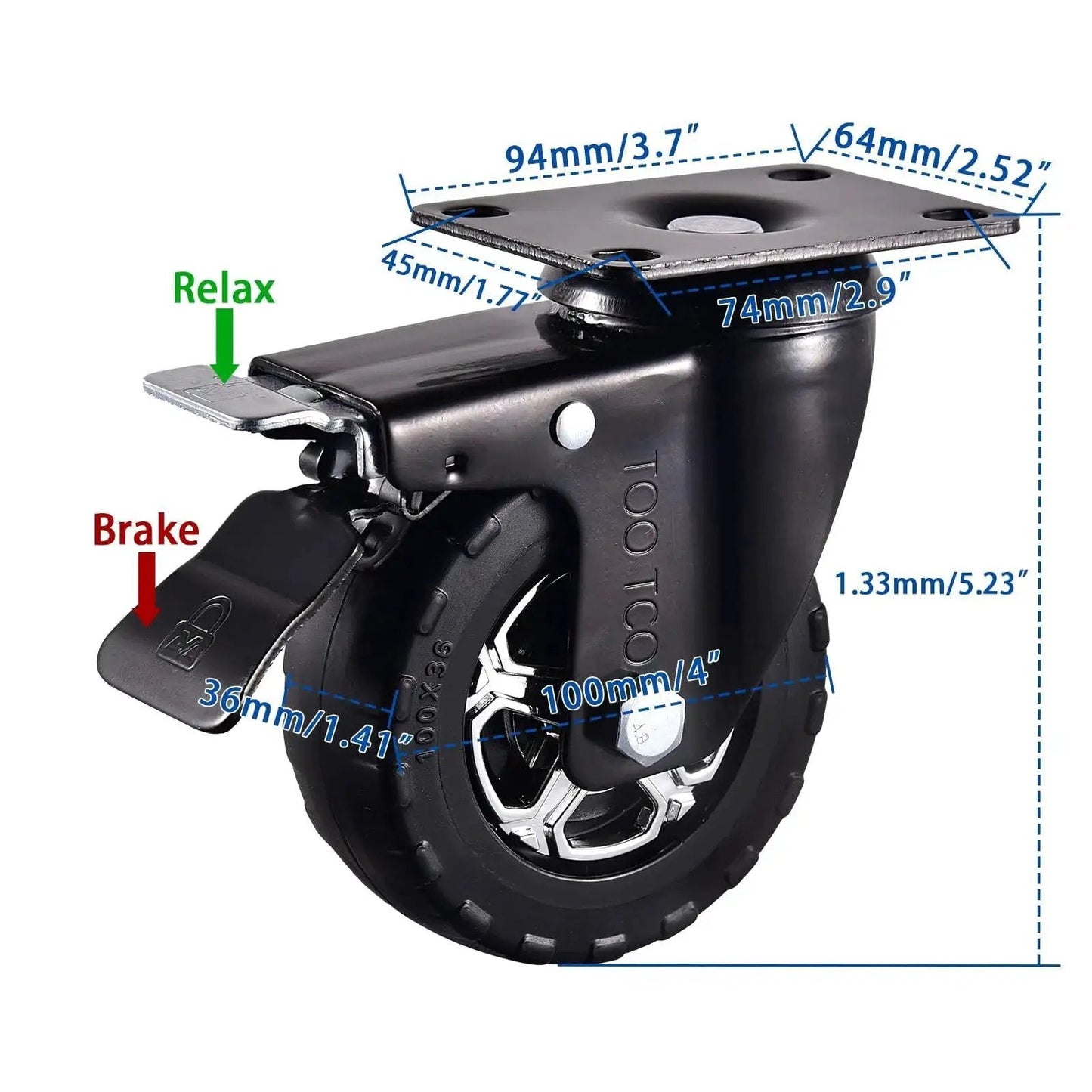 4 Inch Heavy Duty Caster Wheel with Locking, Silent 360 Degree Swivel, Natural Elastic Rubber, for Industrial Use