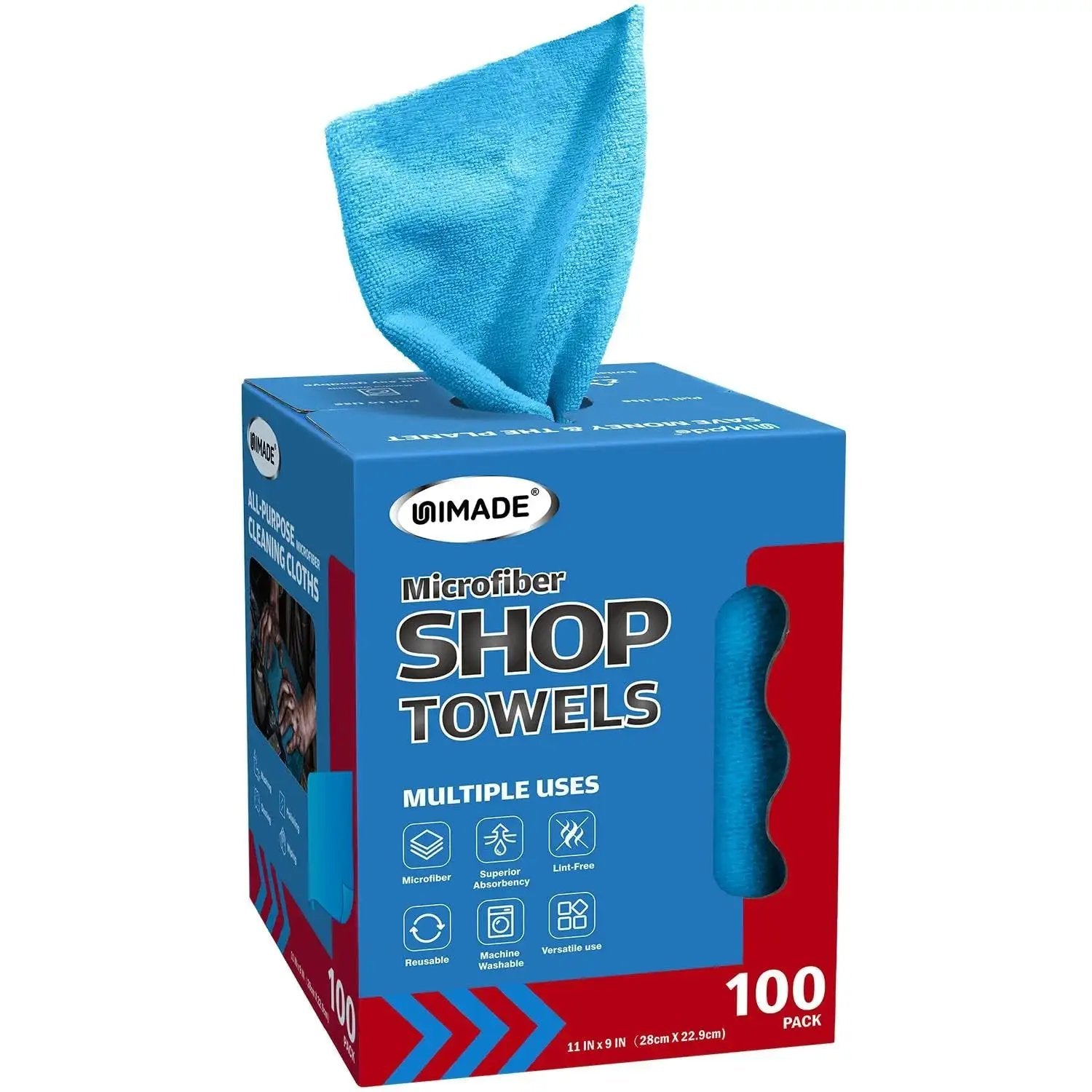 Microfiber Shop Towels 100 Sheets Dispenser Pack Lint Free For Auto Garage Blue box with towel protruding.