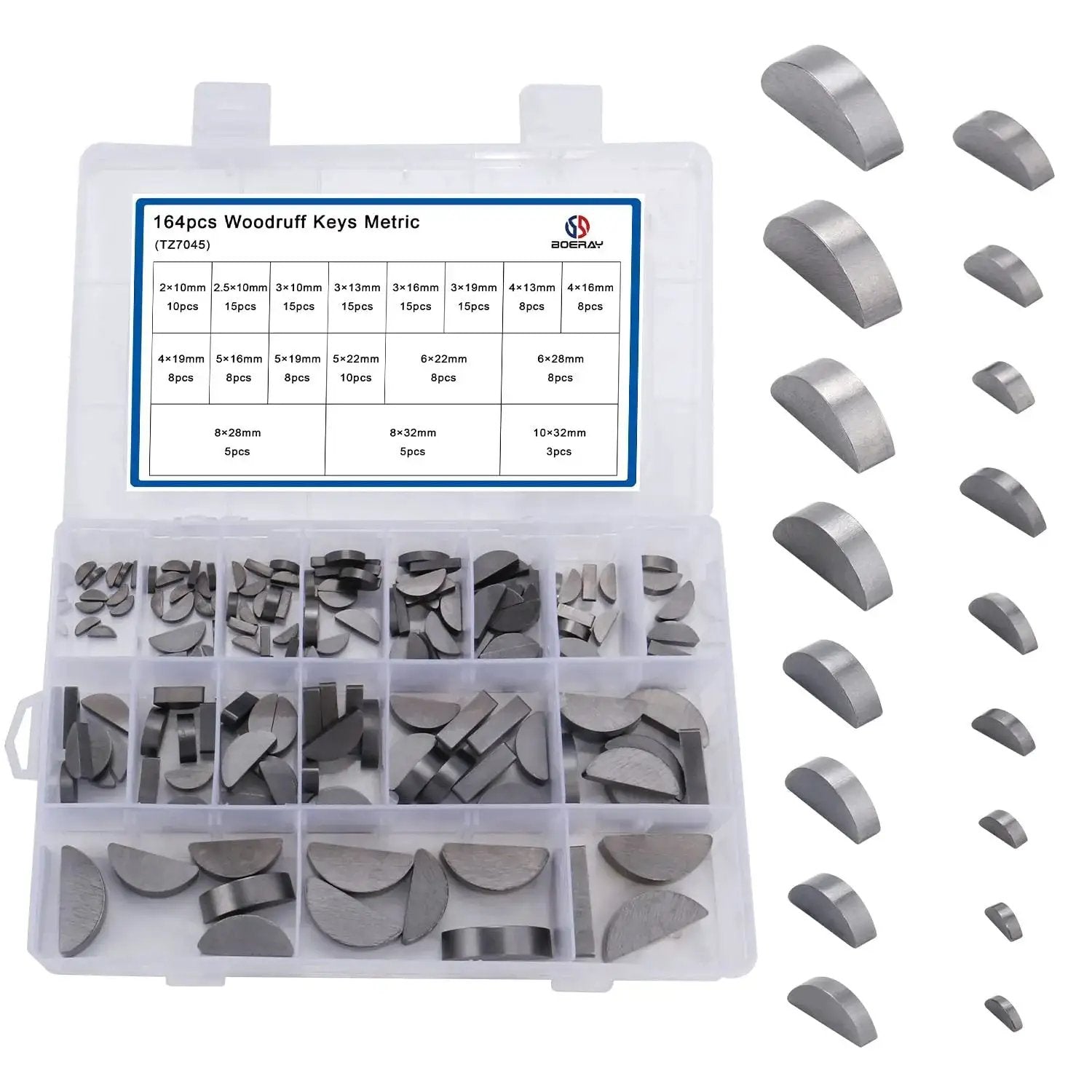 Woodruff Key Set 164Pcs Metric Assortment With 17 Sizes For Crankshafts And Machinery In Carbon Steel With Heavy Duty Wear And Corrosion Resistance Low Friction Woodruff Key Kit With Durable Performance By Boeray displayed in organized case