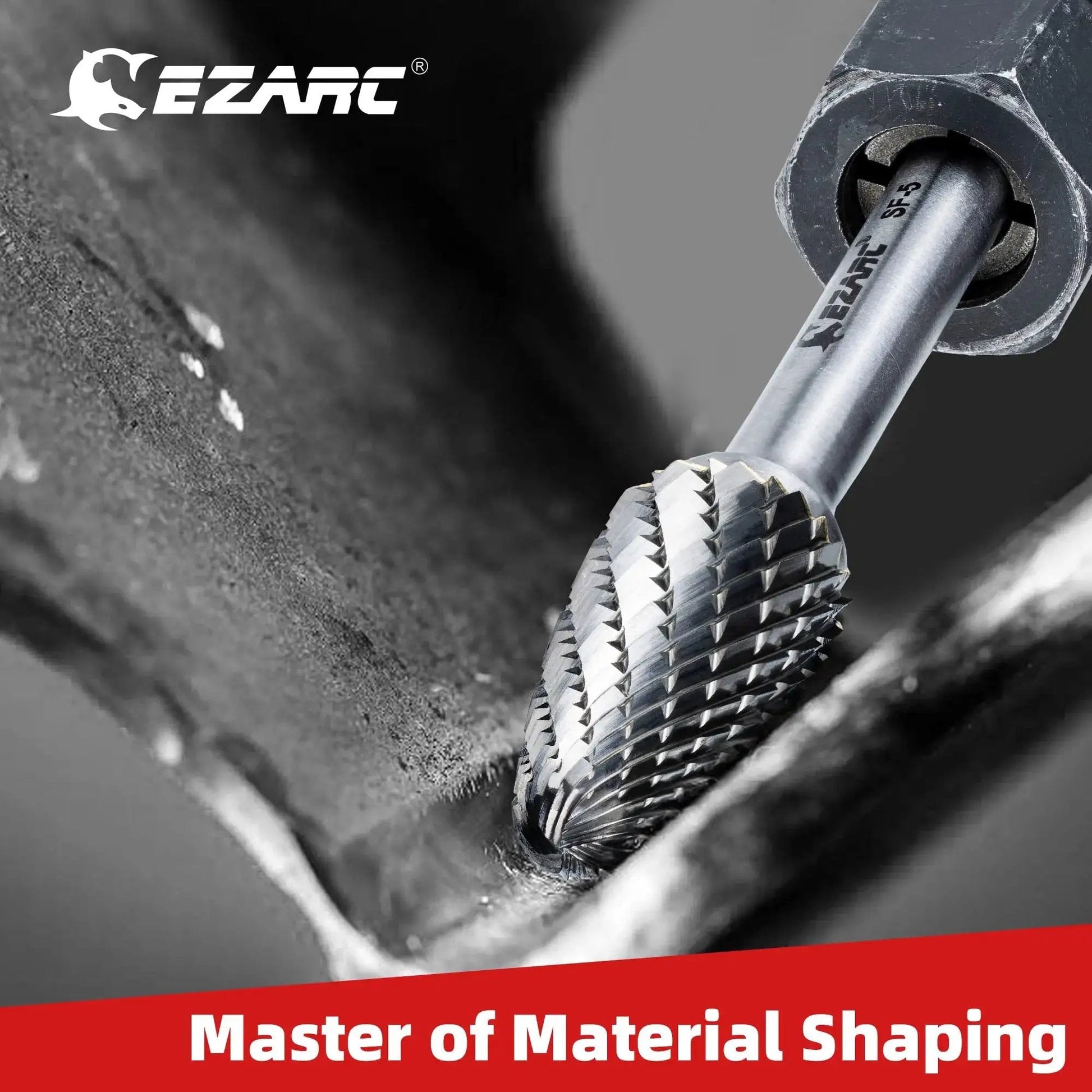 Beast Grade Tungsten Carbide Rotary Burr Bit SF Five Double Cut for metal working in use, close-up view, showing cutter detail.