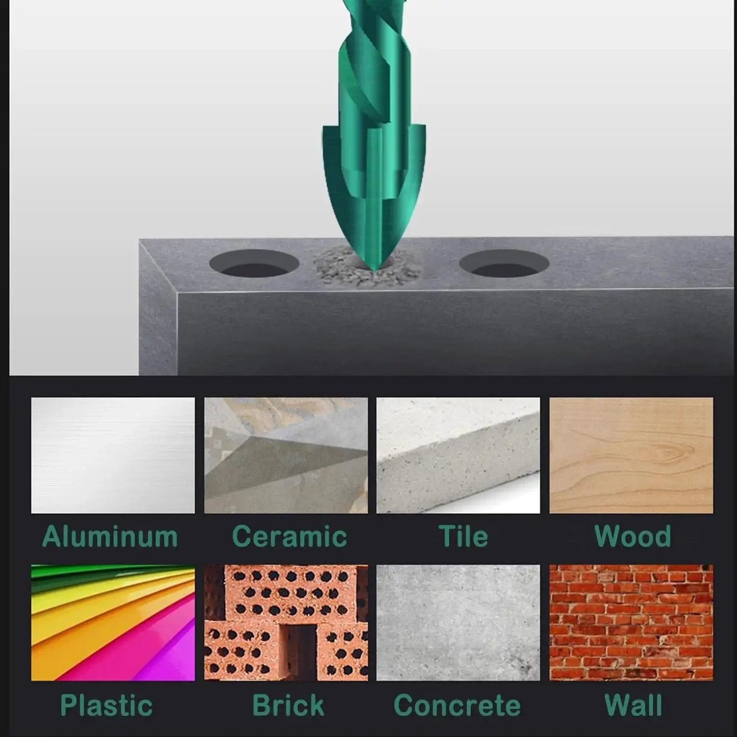 Green Concrete Drill Bit Set By Mgtgbao, 10 PC Three Sixteenths Inch masonry drill bit shown drilling into surface with material types.