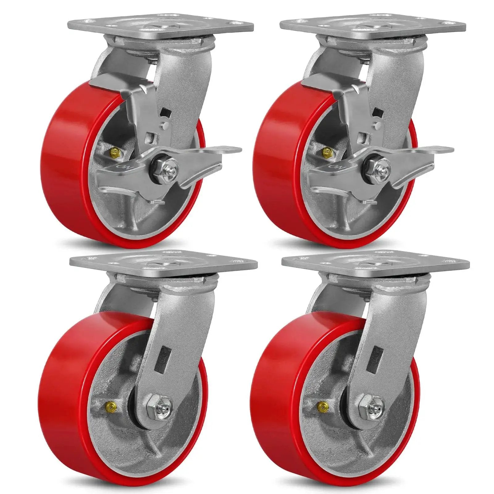 5 Inch By 2 Inch Plate Swivel And Brake Caster Wheels Set Of Four Heavy Duty Cast Iron Wheel With Polyurethane Non Marking Red Tread