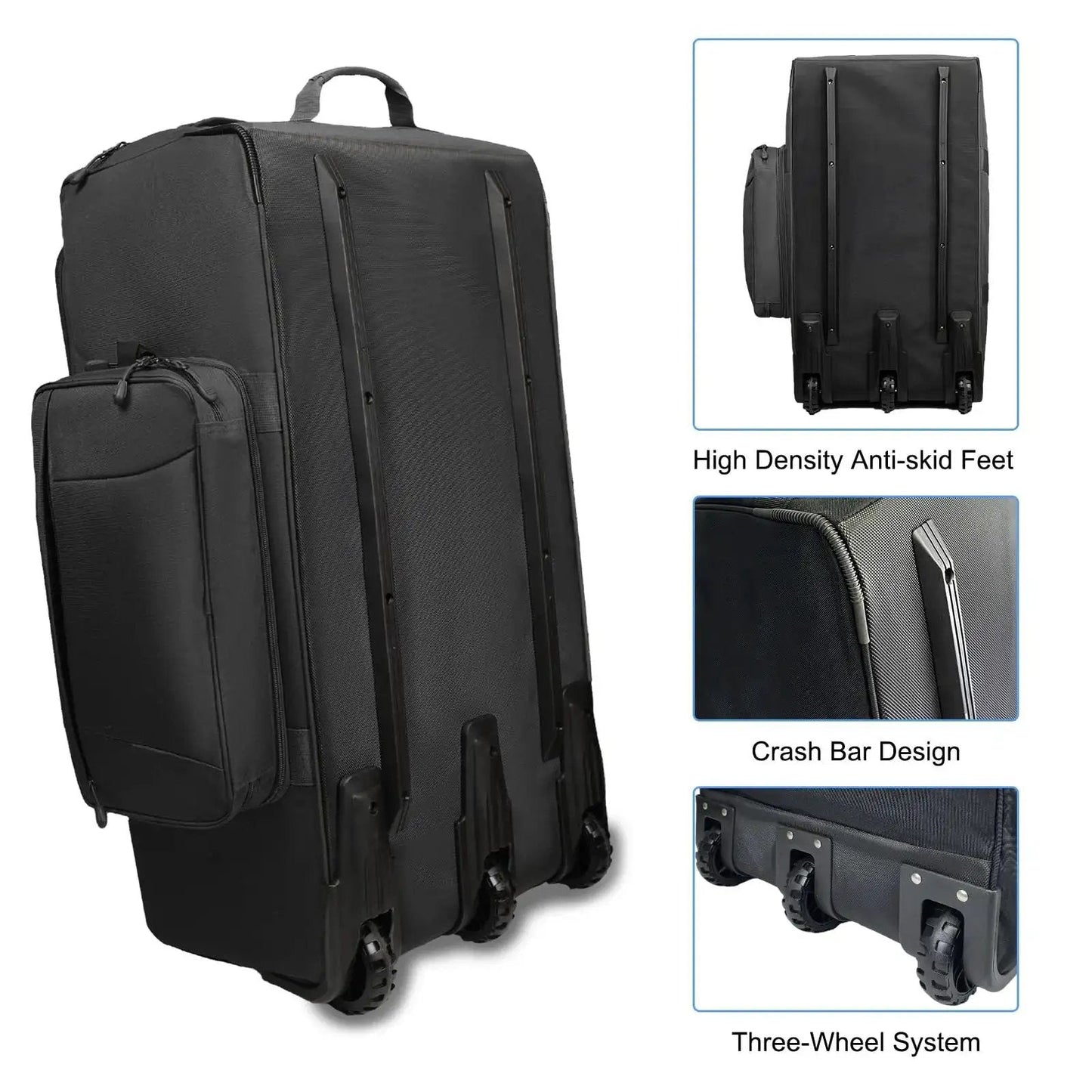 Rugged 120L Rolling Duffle Bag With Wheels For Travel And Camping, heavy duty military style luggage with three wheel system close-up