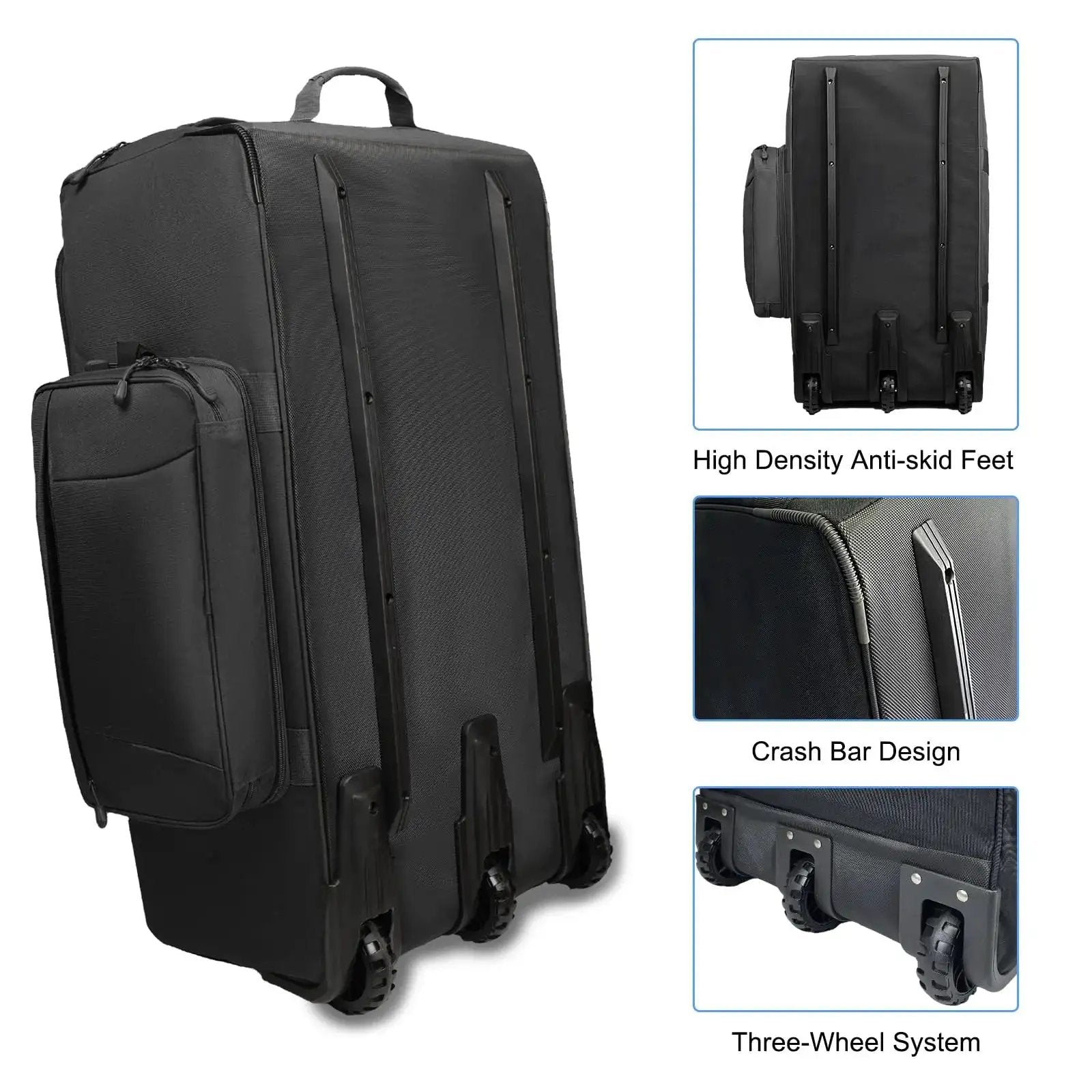 Rugged 120L Rolling Duffle Bag With Wheels For Travel And Camping, heavy duty military style luggage with three wheel system close-up