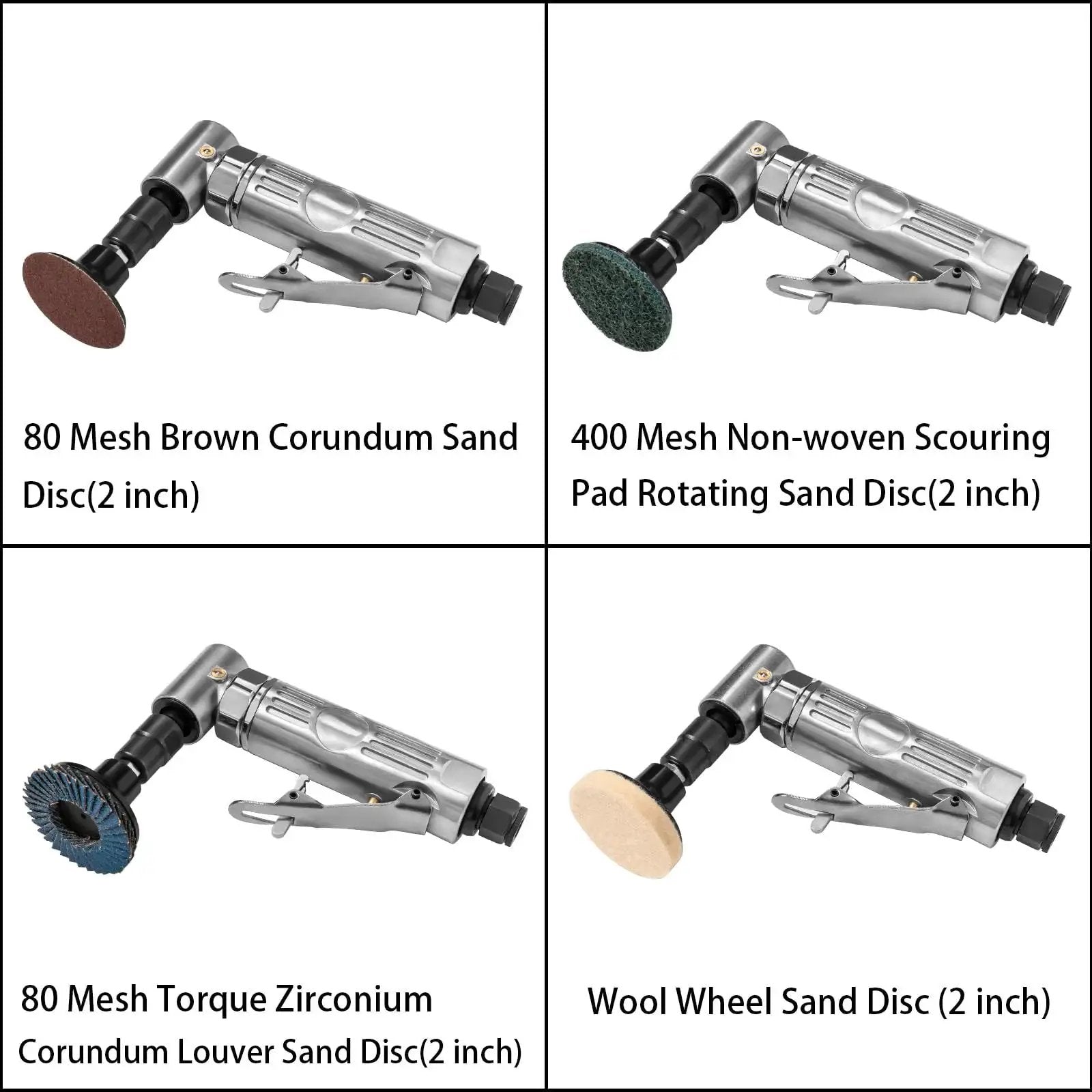 Right Angle Air Die Grinder Kit With Twenty Two Roll Lock Two Inch Sanding Discs And Quarter Inch Pneumatic Die Grinder Tool Mini Angle Grinder For Grinding Polishing Deburring In Tight Spaces Up To 20000 RPM And 90 Degree Head Design with various 2-inch sanding disc attachments.