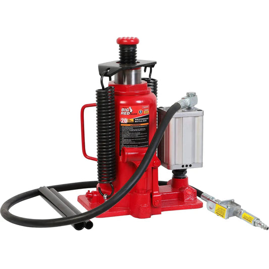 20 Ton Pneumatic Bottle Jack Aluminum Alloy Quick Lift With Long Lifespan, red and silver jack with hoses