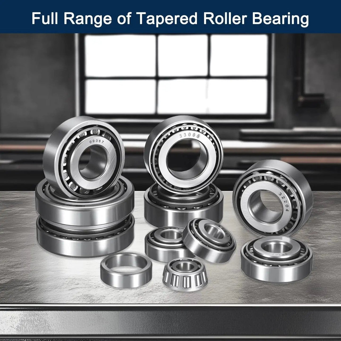 Compact, pre lubricated tapered roller bearing cone cup set, 25mm bore, 62mm OD, chrome steel GCr15 ABEC3, displayed in various sizes.