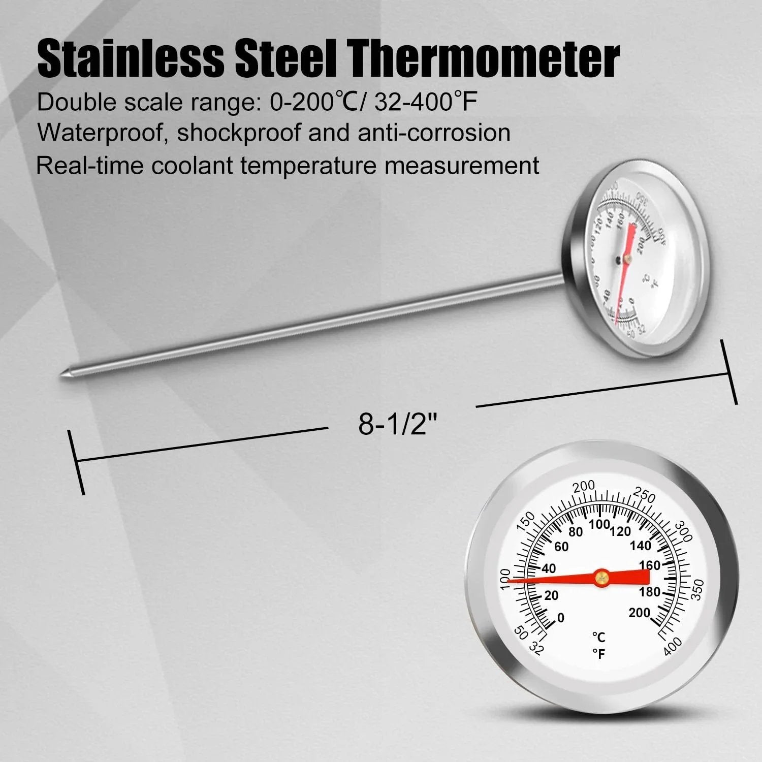 Stainless steel thermometer with 8.5 inch probe, showing dual temperature scales, waterproof and shockproof.