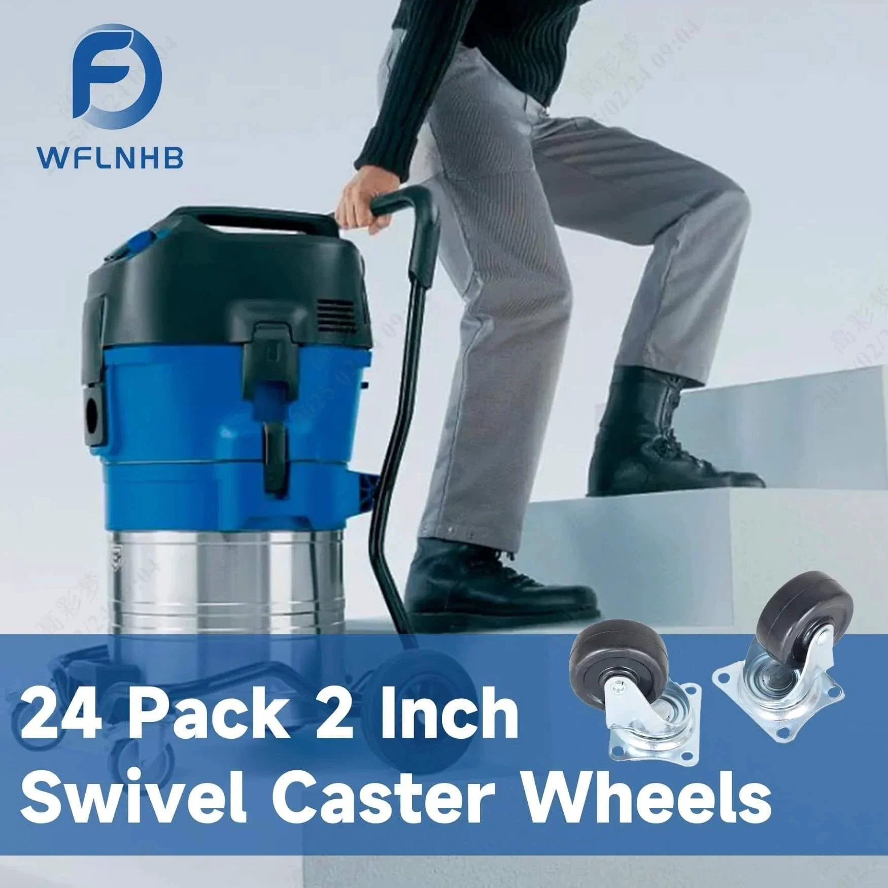 Person using vacuum cleaner with 24 Pack 2 Inch Swivel Caster Wheels With Top Plate And Double Bearing Heavy Duty Steel And Polyurethane 25kg Per Wheel