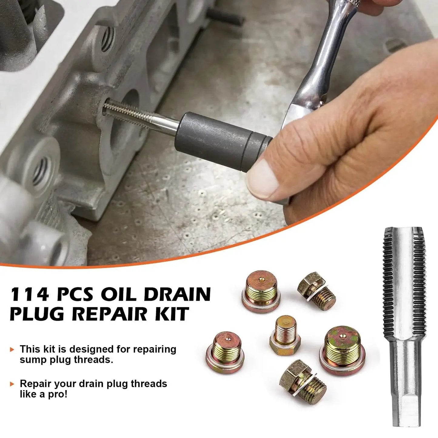 114 Piece Oil Pan Drain Plug Repair Kit With Six Metric Taps From M13 X 1.25 To M22 X 1.5 And 36 Replacement Plugs shown with application
