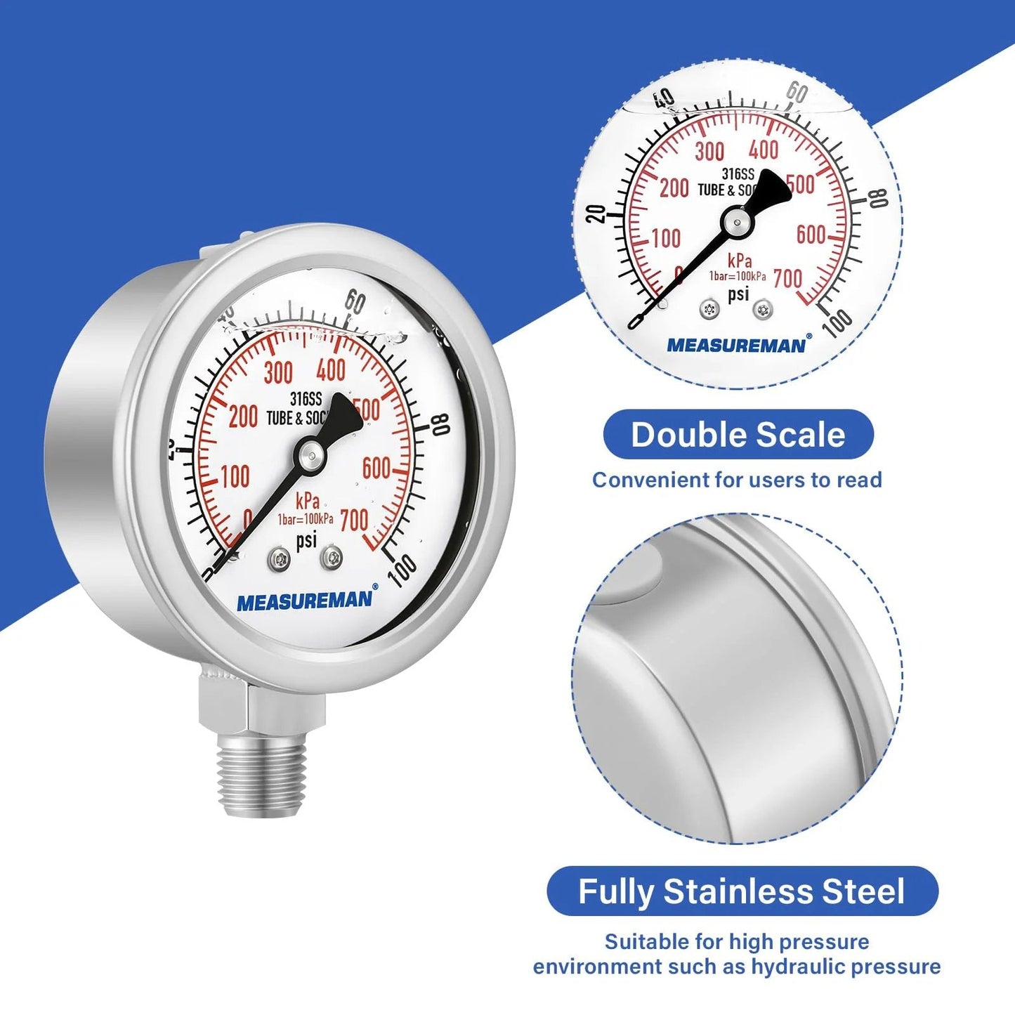 Stainless Steel Hydraulic Pressure Gauge 0 To 100 Psi Quarter Inch NPT Glycerin Filled 2.5 Inch Dial Lower Mount 316 Stainless Steel Body
