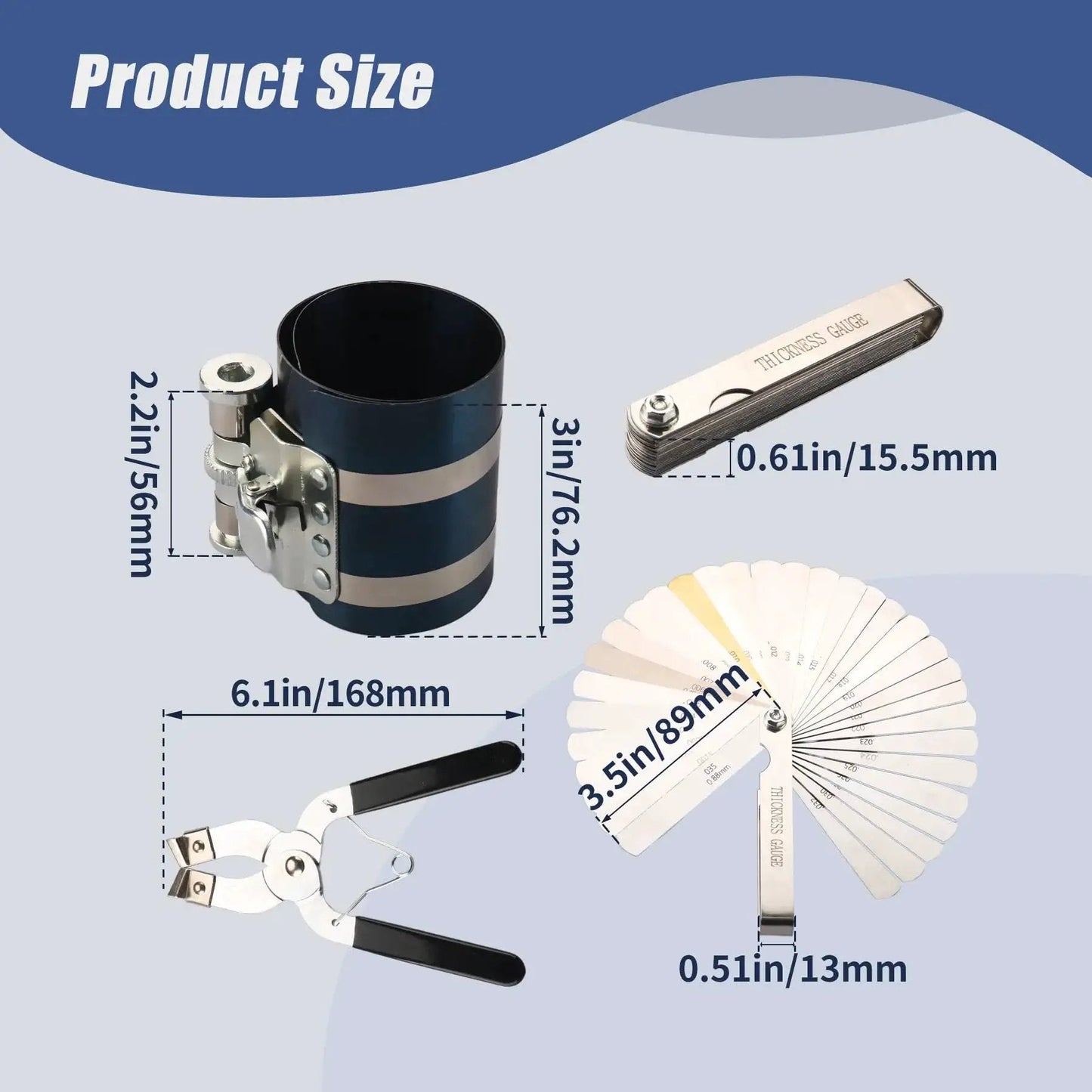 Universal Beefed Up Piston Ring Compressor Tool Kit for Car Engine with sizes, plier, feeler gauge, and construction details