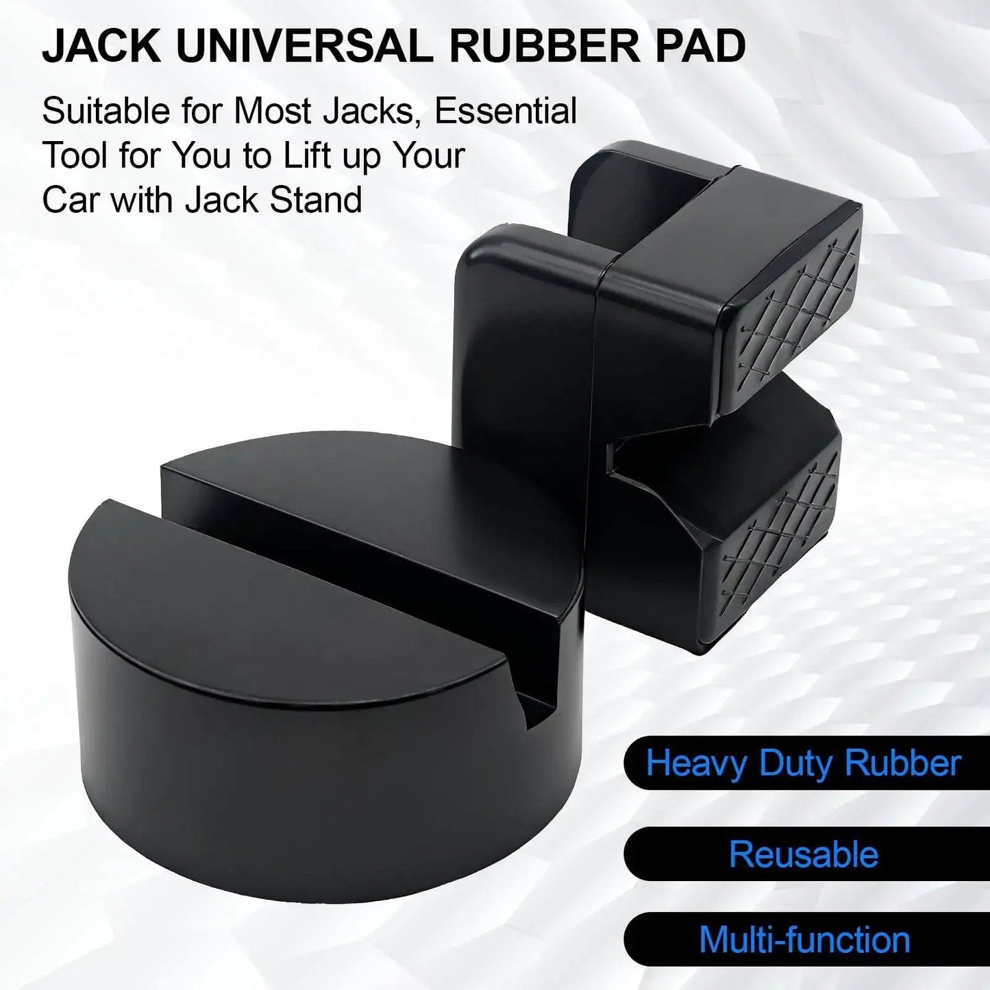Universal Rubber Jack Stand Pads And Adapters For Pinch Weld Frame Rails 4 Pack, black rubber adapters shown