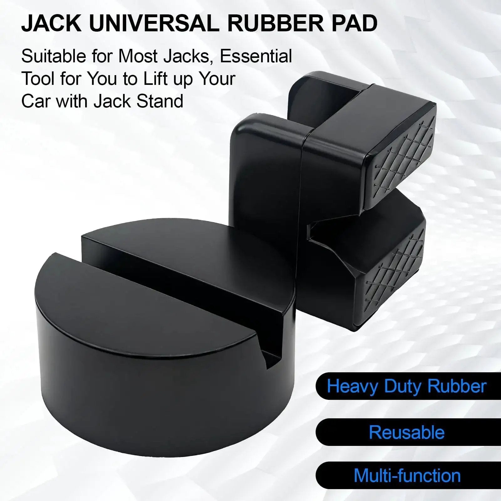 Universal Rubber Jack Stand Pads And Adapters For Pinch Weld Frame Rails 4 Pack, black rubber adapters shown