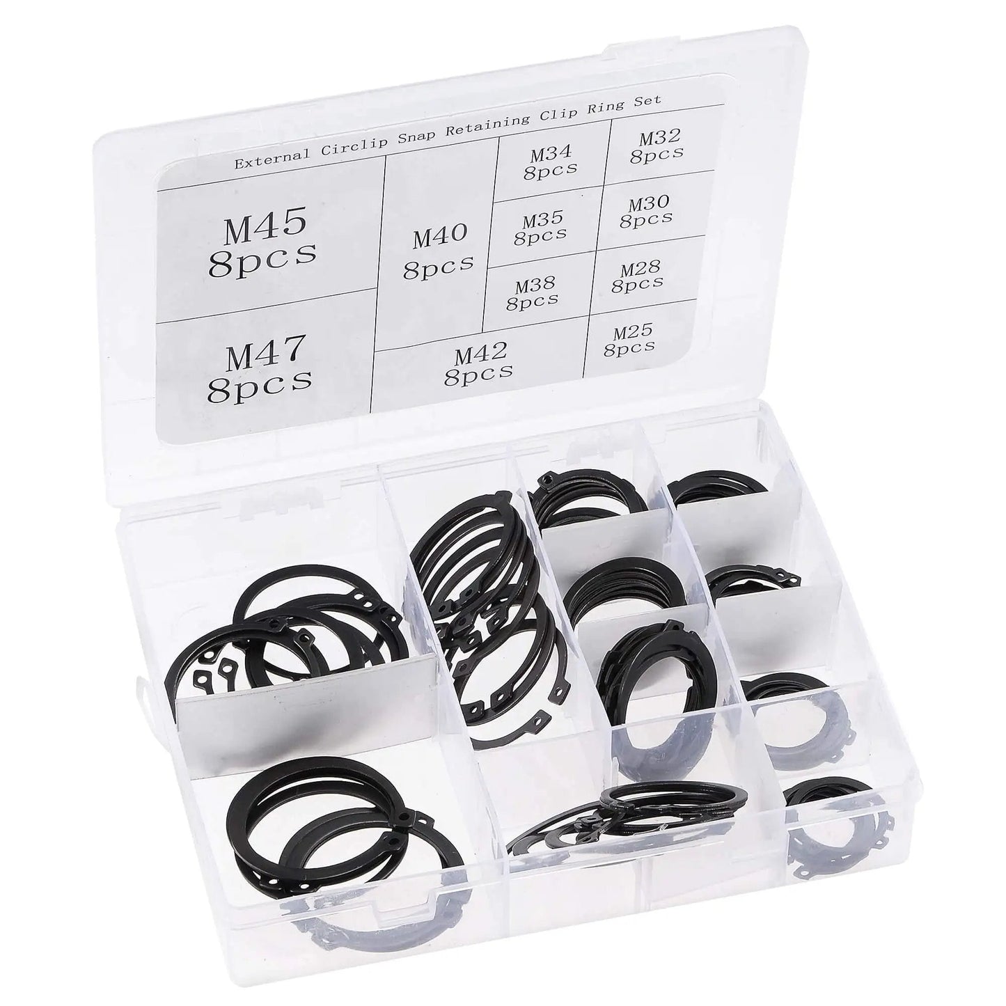 External Retaining Ring Kit 88 Pcs 11 Sizes Carbon Steel Snap Ring Assortment in plastic case