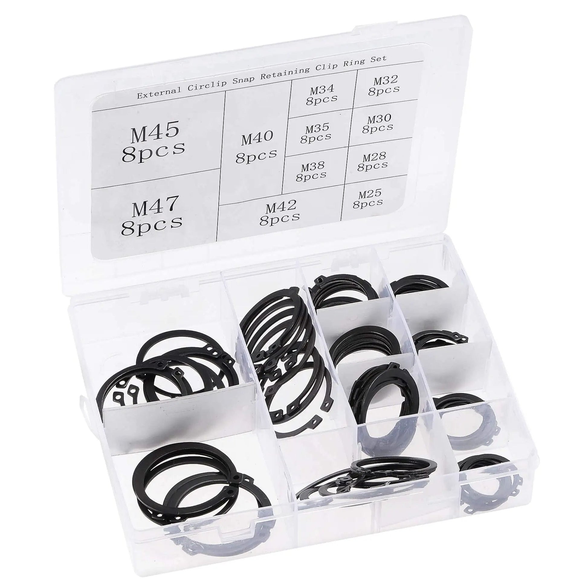 External Retaining Ring Kit 88 Pcs 11 Sizes Carbon Steel Snap Ring Assortment in plastic case