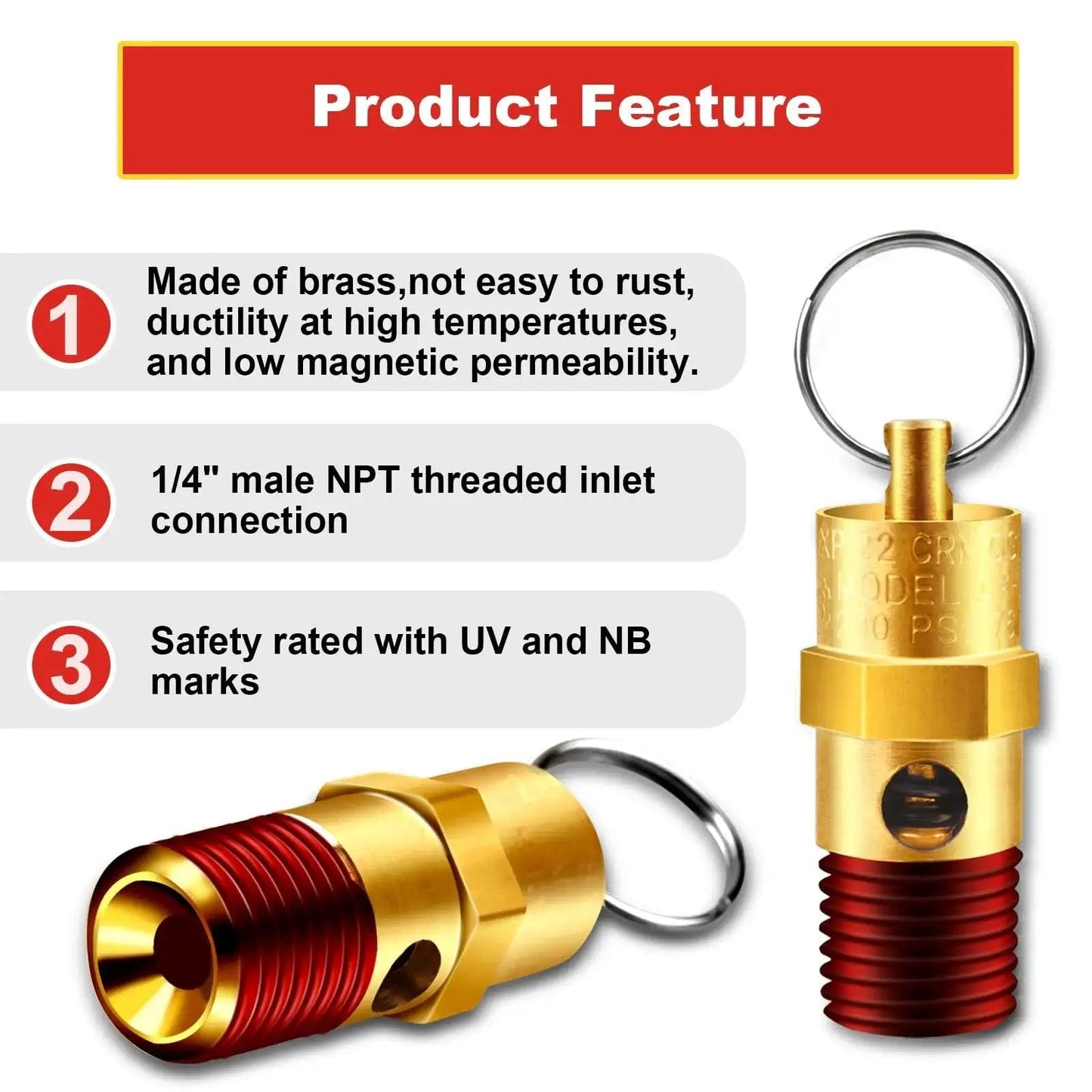 Two Pack One Quarter Inch NPT Air Compressor Pressure Relief Valves Brass Safety Check Valves 150 PSI, Product Features