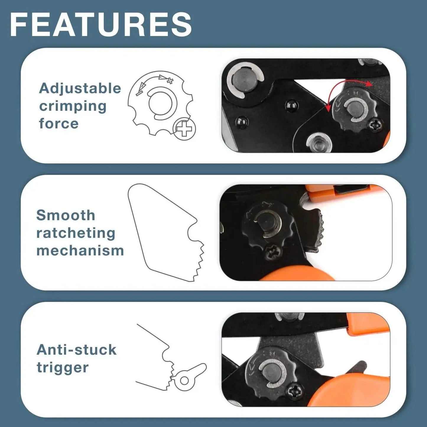 All Purpose Ratchet Crimping Tool for AWG 28 to 20 Wire Terminals with features: adjustable crimping force, smooth mechanism, anti-stuck trigger.