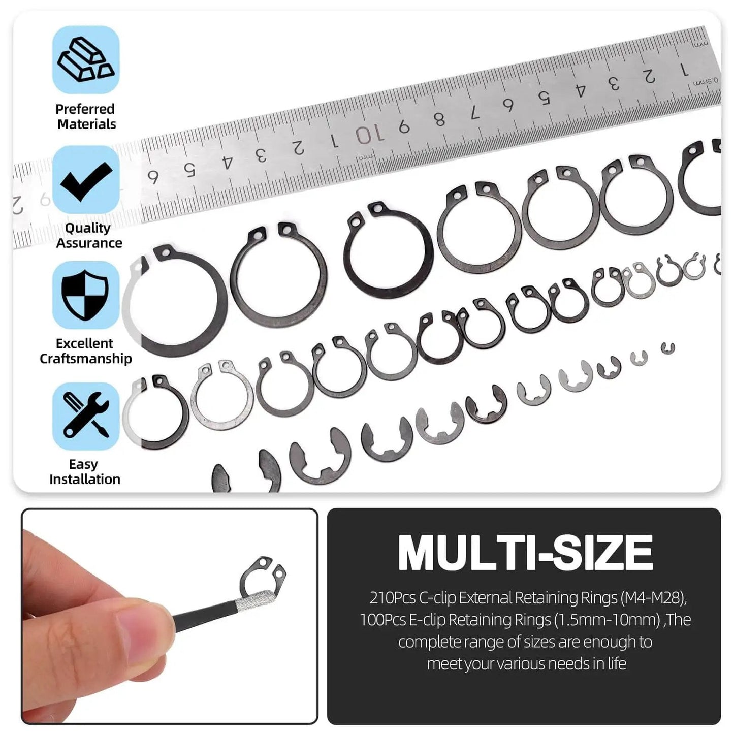 Do-It-Yourself Ready Circlip And E-Clip Kit With Snap Ring Plier Set And Tweezer, 312Pcs 65Mn Steel Assortment overview with size chart