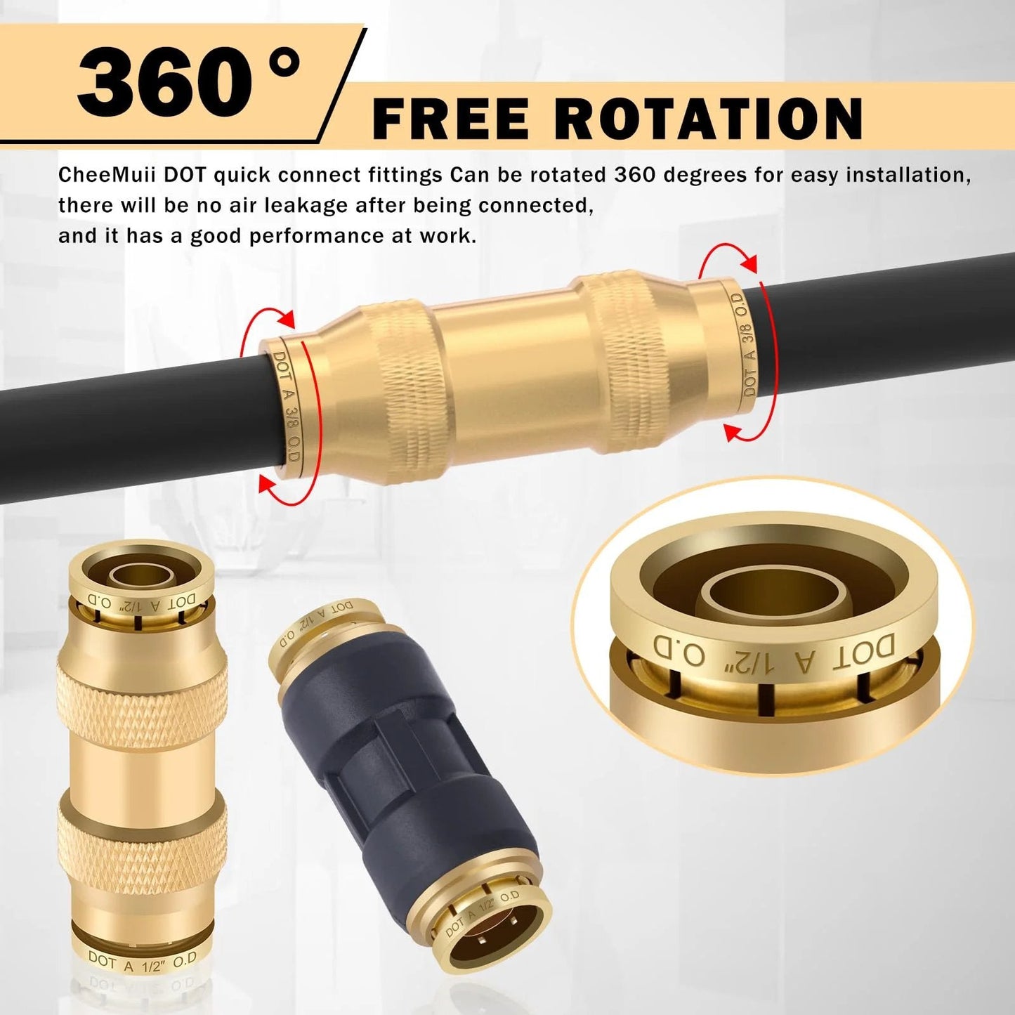 80 Piece Brass DOT Air Line Fittings Kit With Push Lock And Compression Quick Connect Unions For One Eighth Inch To One Half Inch Air Hose Fittings Assortment CheeMuii shown with various fittings and rotational capability on black hose