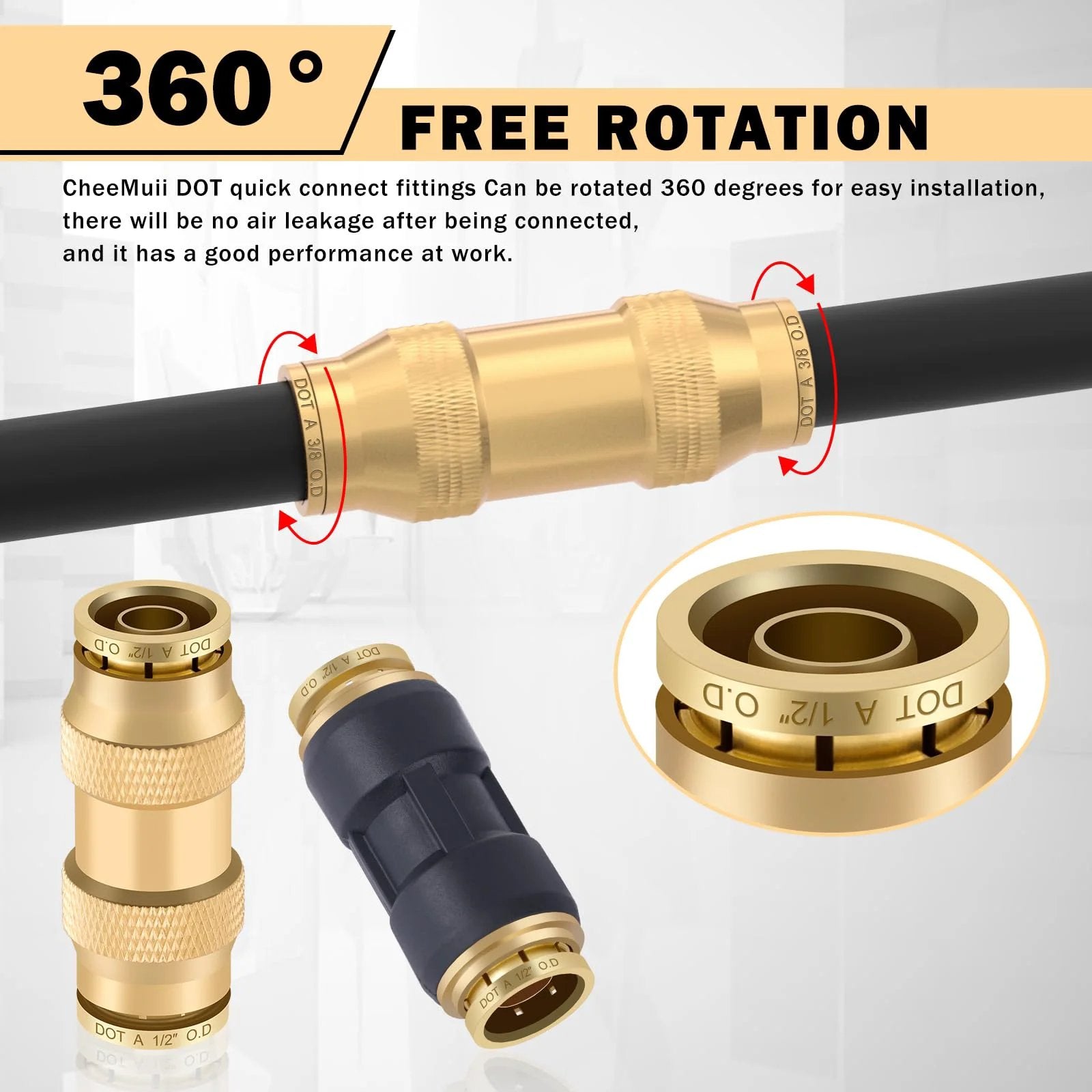 80 Piece Brass DOT Air Line Fittings Kit With Push Lock And Compression Quick Connect Unions For One Eighth Inch To One Half Inch Air Hose Fittings Assortment CheeMuii shown with various fittings and rotational capability on black hose