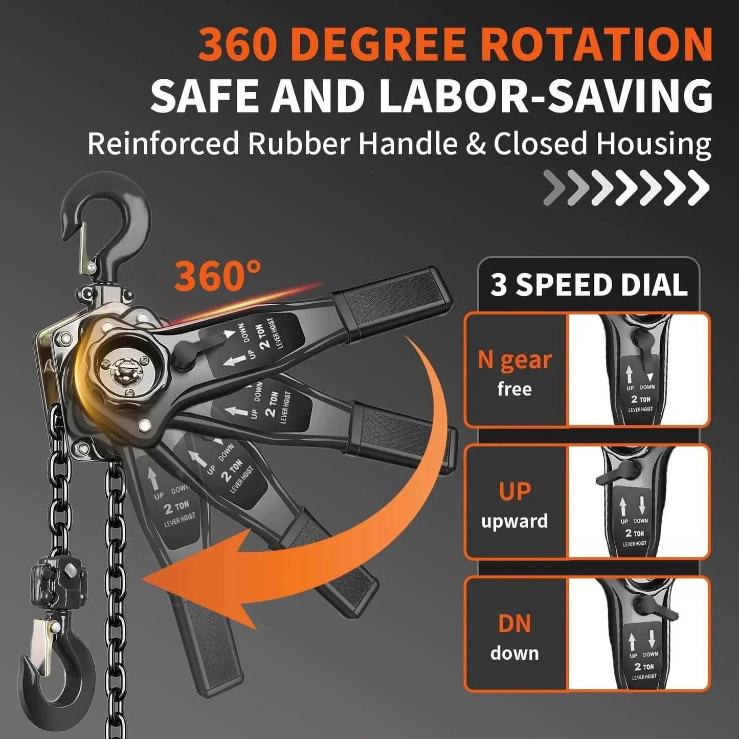 Manual Lever Chain Hoist 2 Ton Come Along 4400 Lbs Capacity 10 Ft Long Reach Galvanized G80 Carbon Steel with 360 Degree Rotation