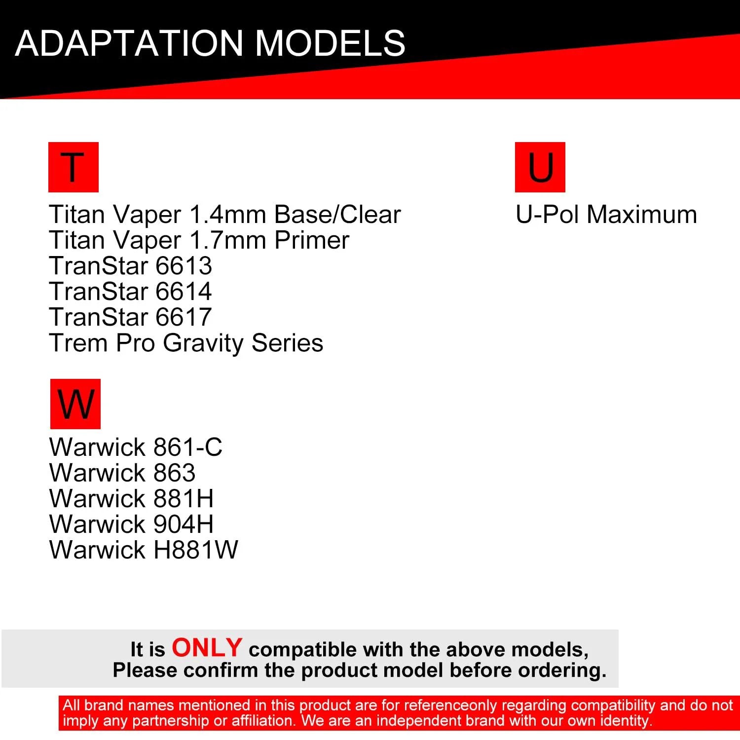 Compatibility chart showing adapter models for Titan Vaper, TranStar, U-Pol, and Warwick spray guns.