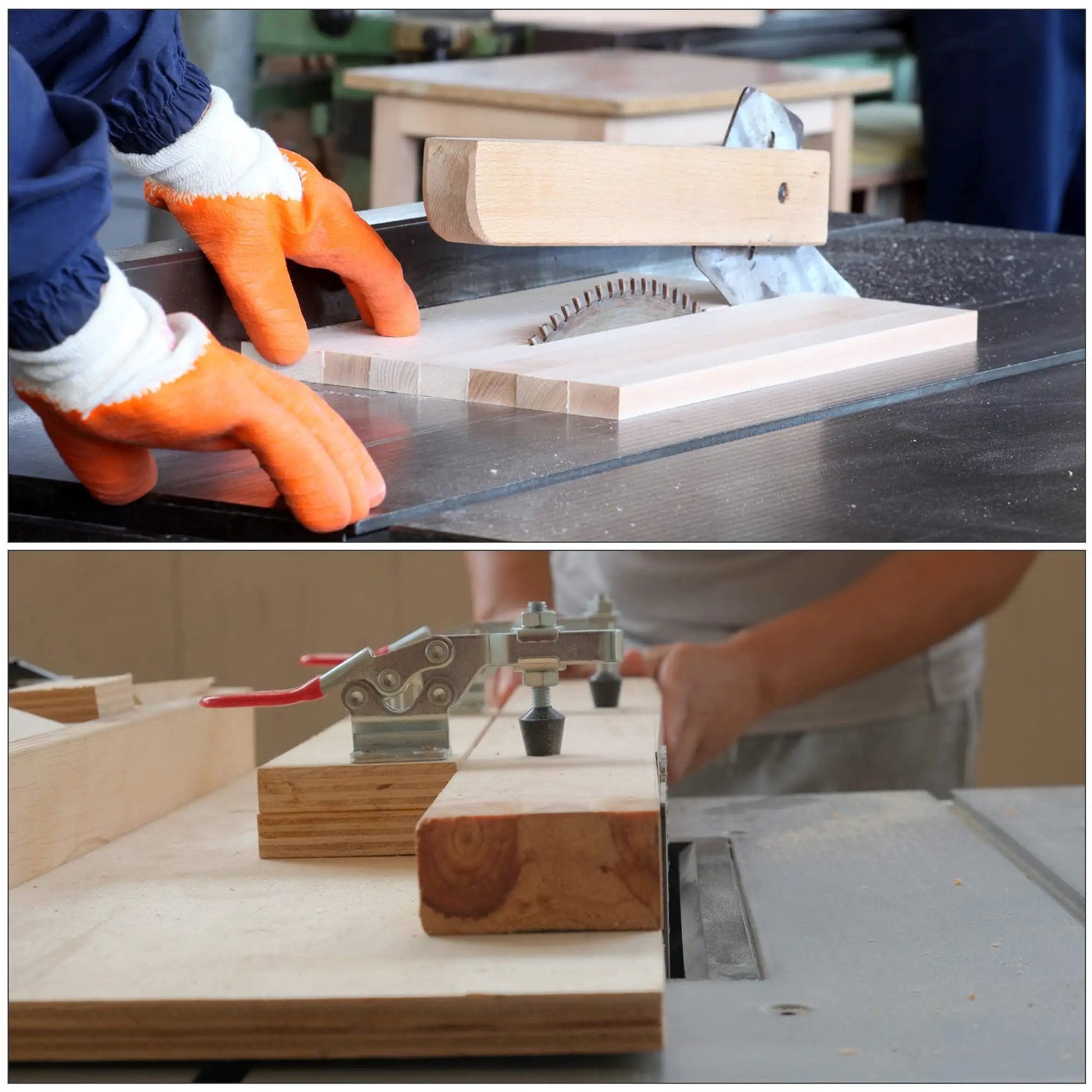 Hands using wooden clamps on a table saw while cutting Ultra Tough UHMW Sheet Black For Bearings And Liners 6.1 X 6.1 X 0.12 Inch Self Lubricating Abrasion Resistant High Strength Plastic Board Ideal For Bushings Liners And DIY Projects By Meccanixity.