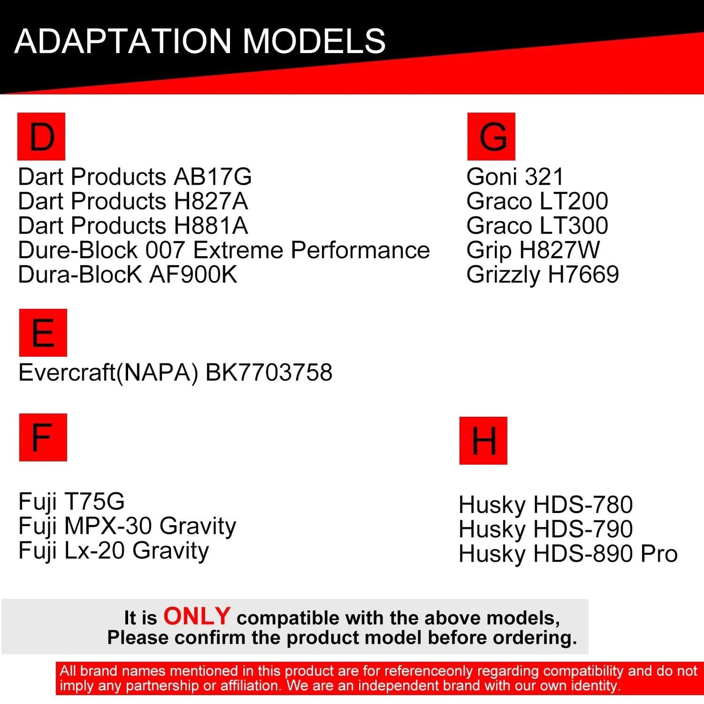 Compatibility chart for spray gun adapter showing compatible models from brands like Dart, Fuji, Graco, and Husky