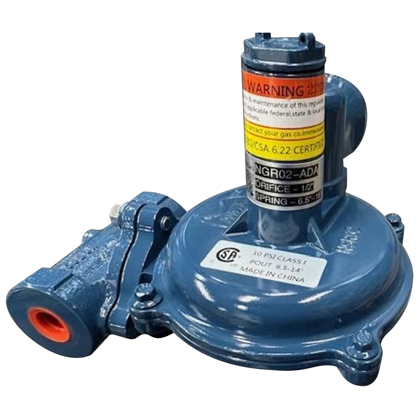 Natural Gas And Propane Regulator With Internal Relief Valve For Low Pressure One Half Inch NPT 10 PSI Max High Flow 1558 CFM Natural Gas And 2430 CFM Propane Spring Loaded Rugged Build For Tough Jobs In Home Outdoor And Commercial Use, blue color, side view